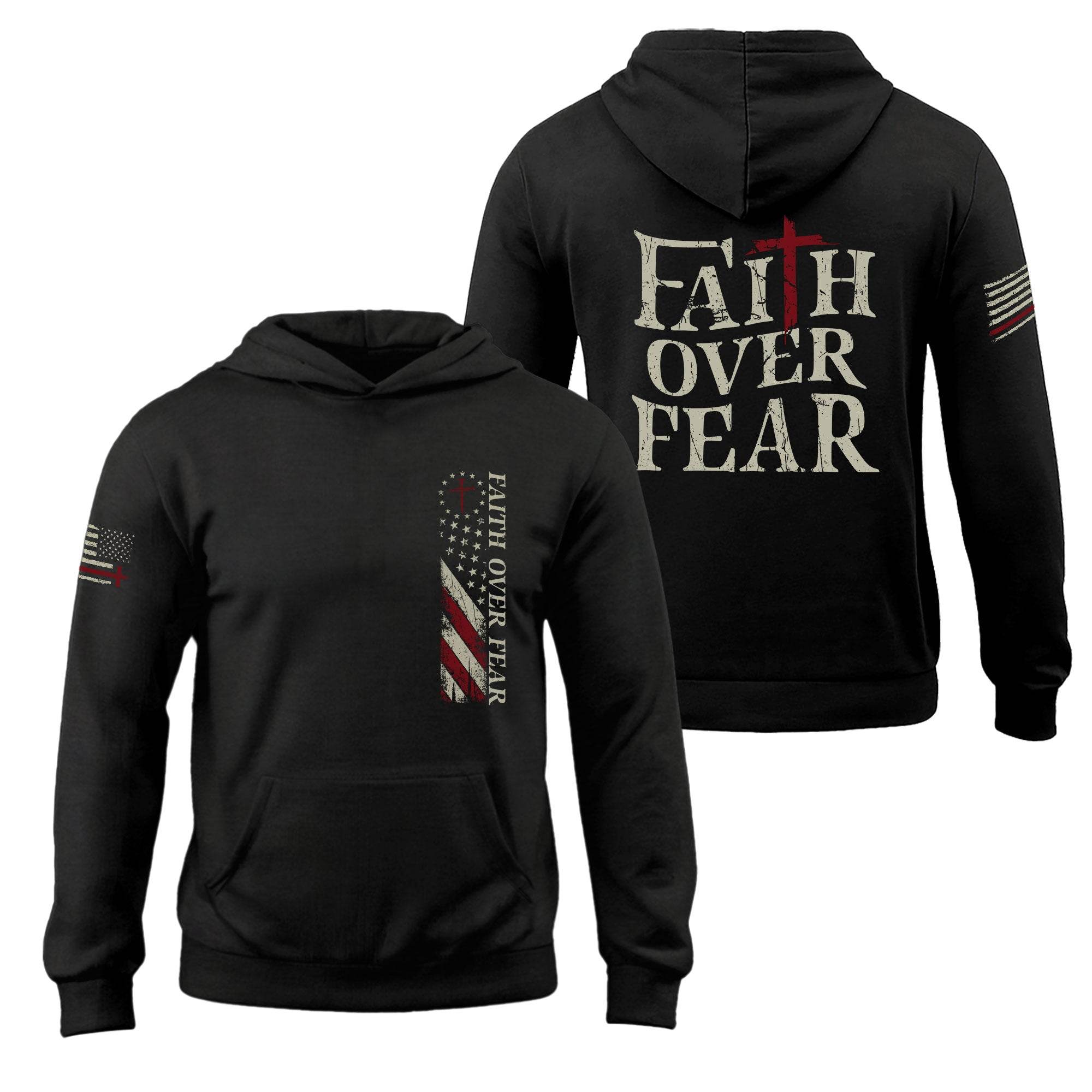 Faith Over Fear Hoodie – Cross & American Flag Front Back Print - Rust Field Wear