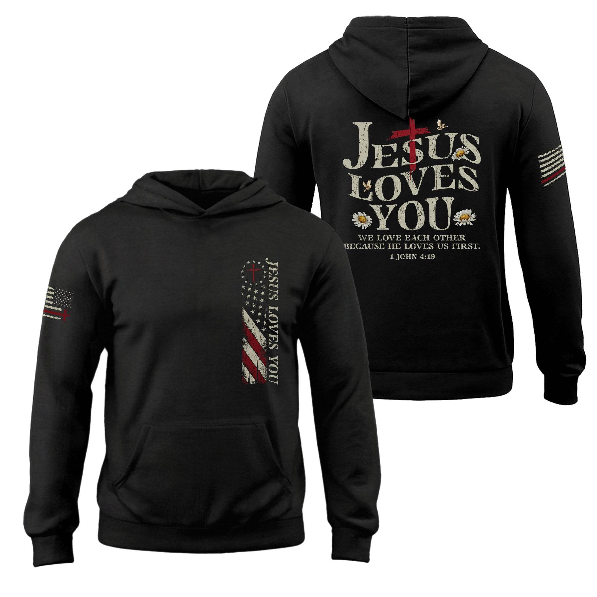 Jesus Loves You Hoodie – 1 John 4:19 Cross, Flag & Daisy Design - Rust Field Wear