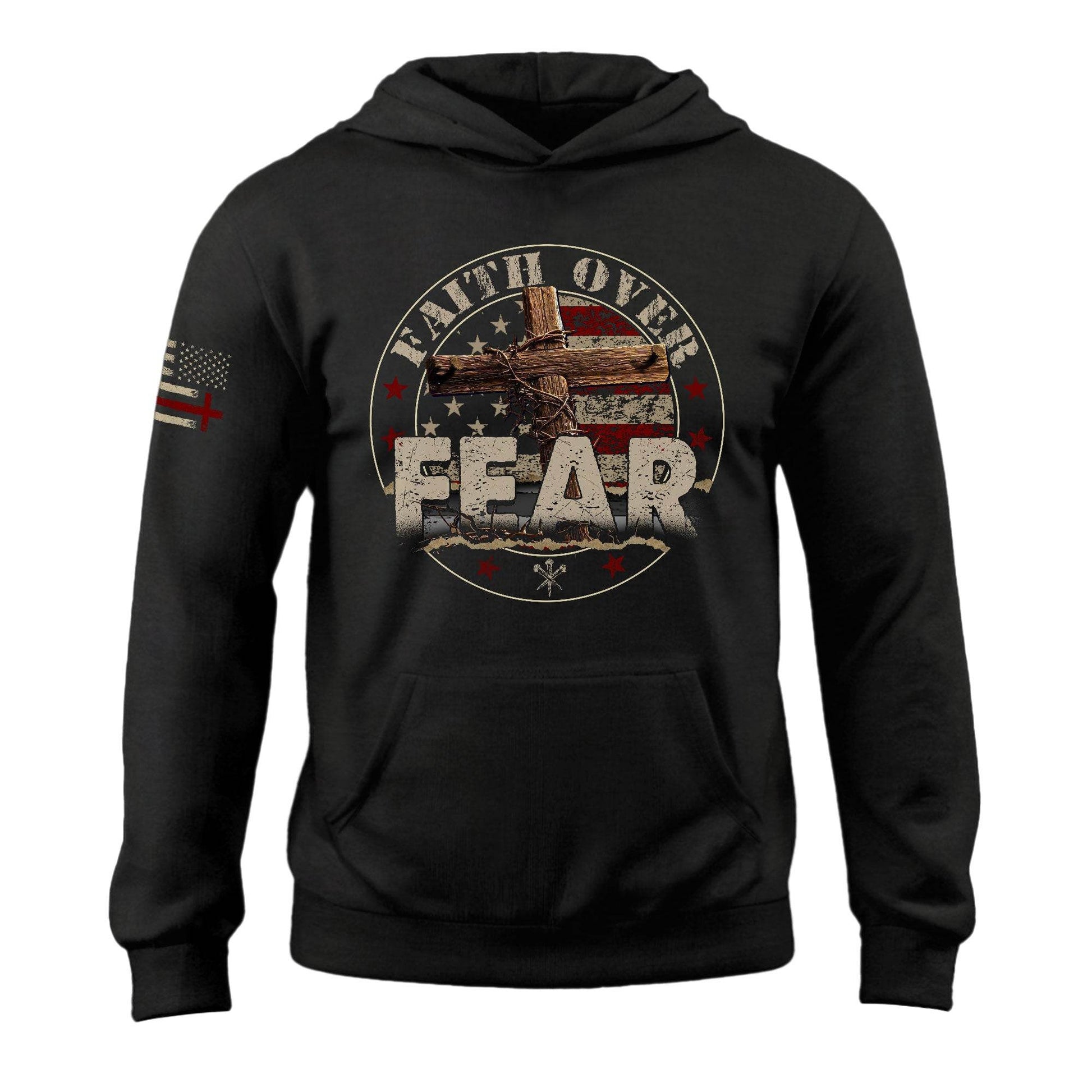 Faith Over Fear Christian Hoodie – Bold Cross & Flag Design - Rust Field Wear