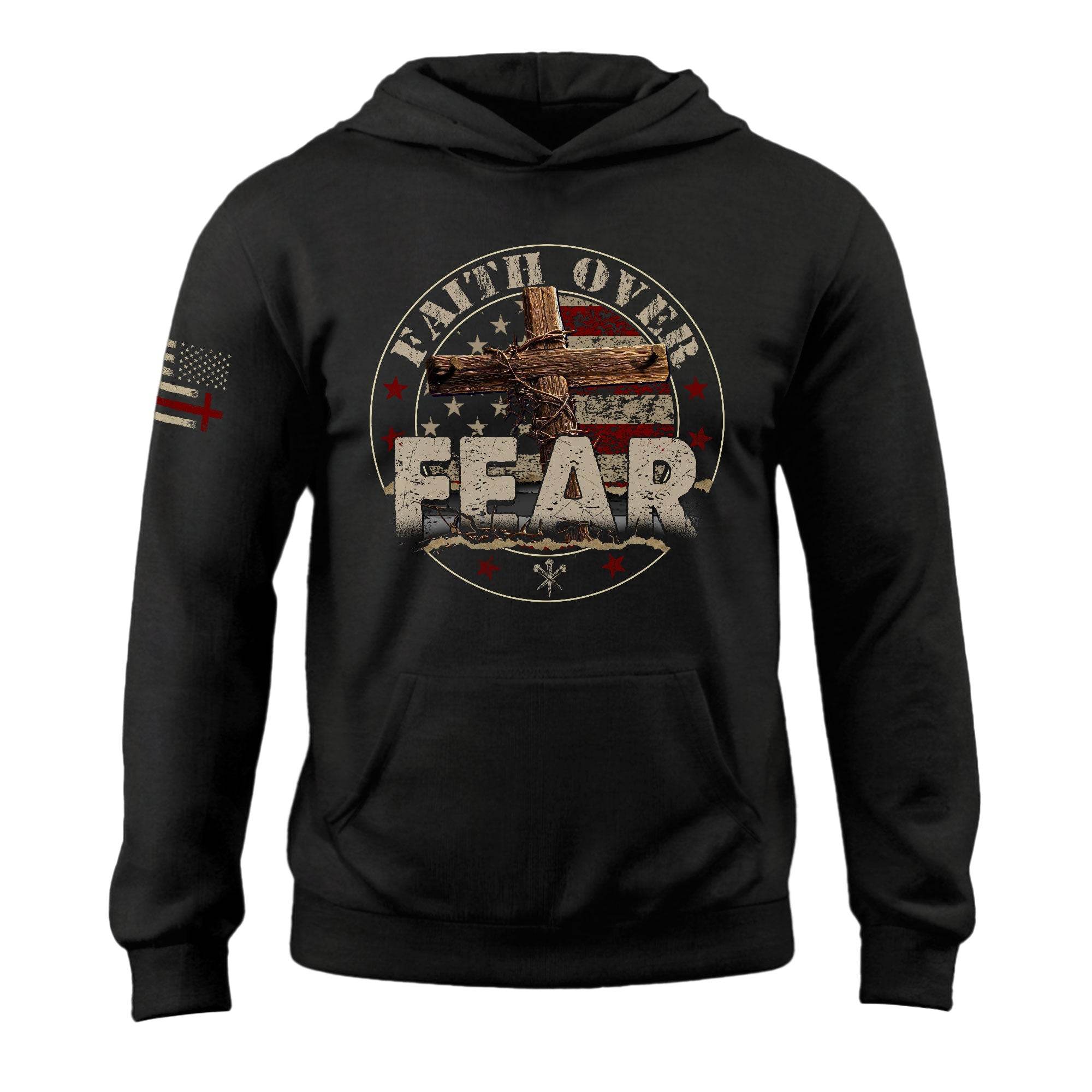 Faith Over Fear Christian Hoodie – Bold Cross & Flag Design - Rust Field Wear