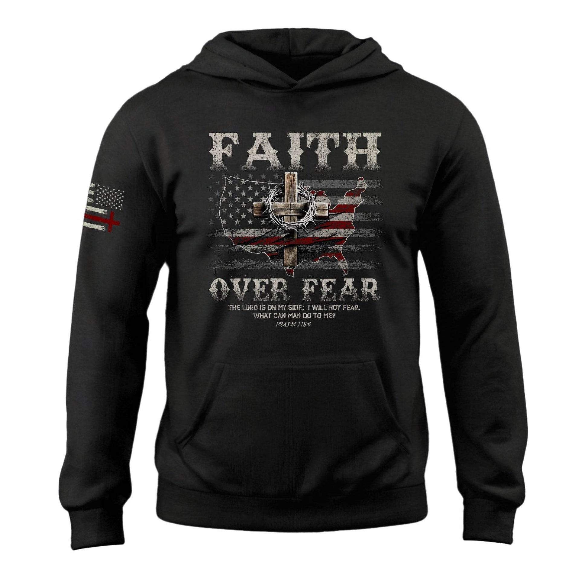 Faith Over Fear Christian Hoodie – Psalm 118:6 Cross & Flag - Rust Field Wear