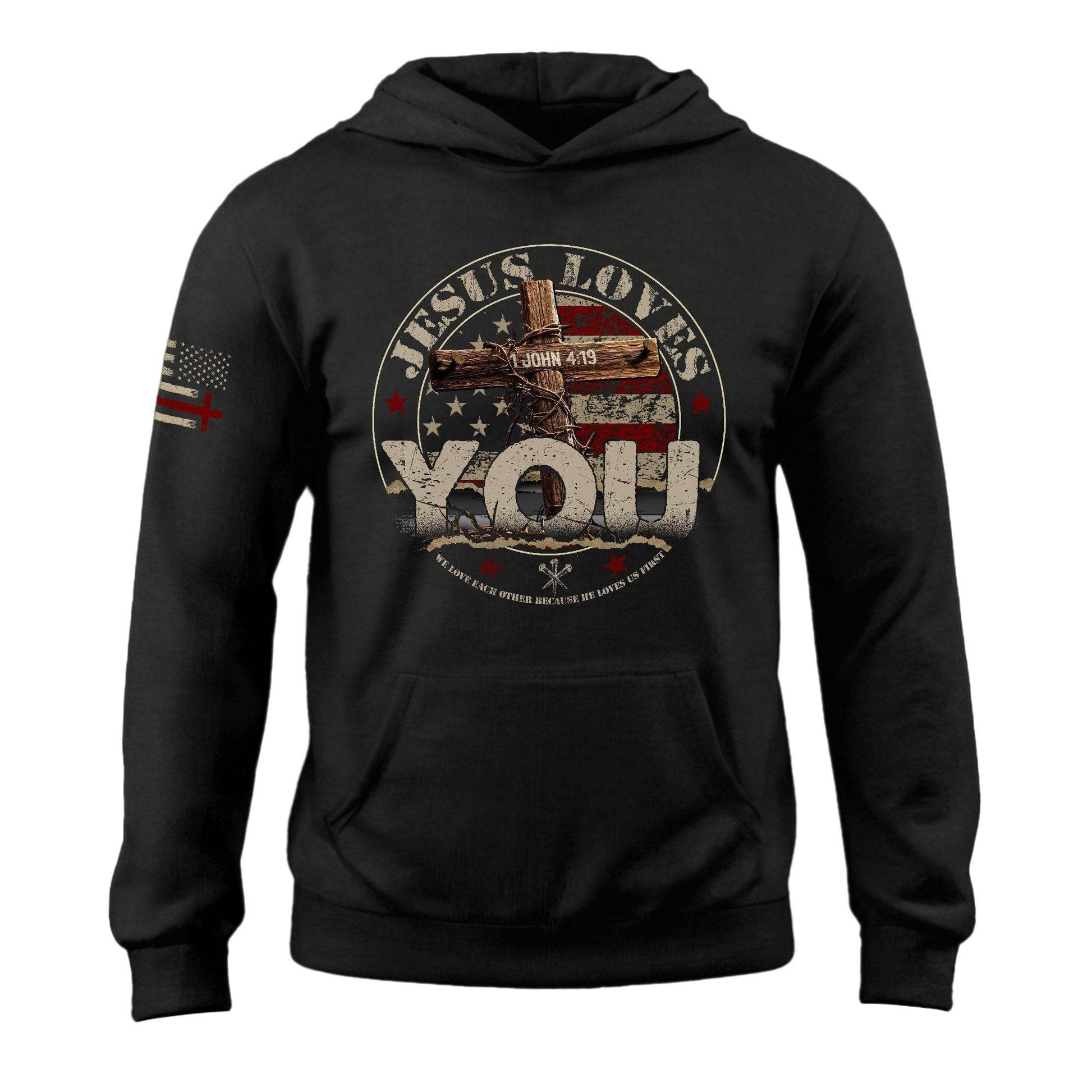 Jesus Loves You Hoodie – 1 John 4:19 Cross & American Flag - Rust Field Wear