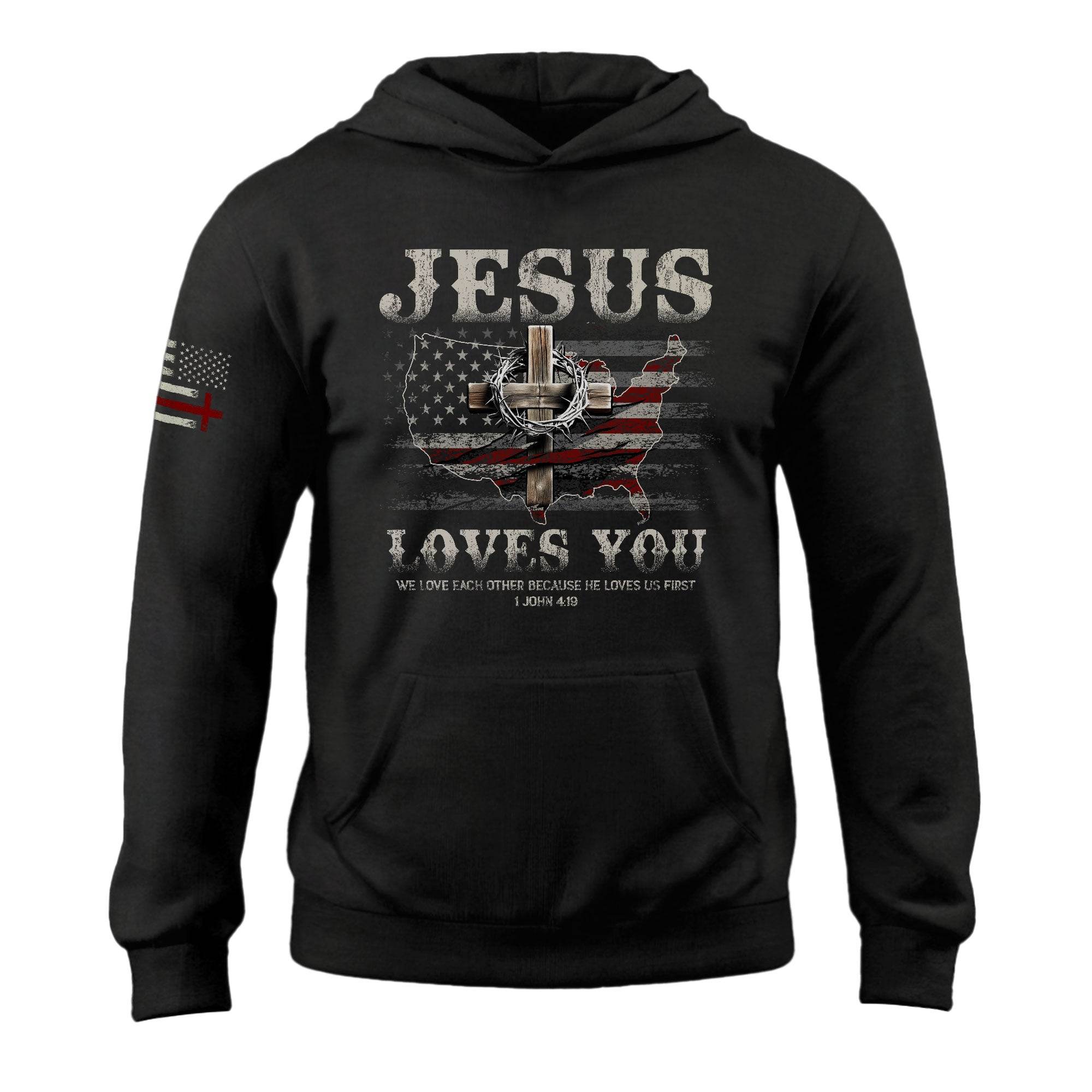 Jesus Loves You Hoodie – 1 John 4:19 Cross & USA Flag Design - Rust Field Wear
