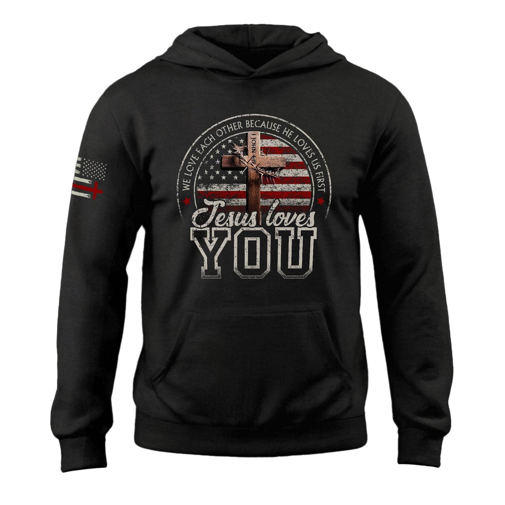 Jesus Loves You Hoodie – 1 John 4:19 Cross & Flag Graphic - Rust Field Wear