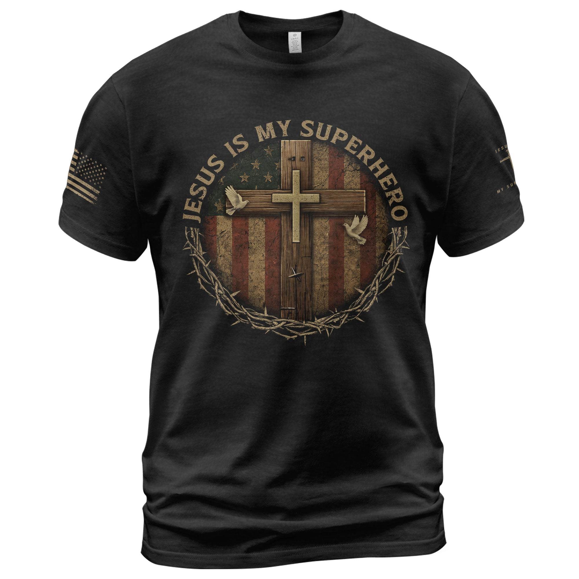 Jesus Is My Superhero Patriotic Cross T-Shirt - Rust Field Wear