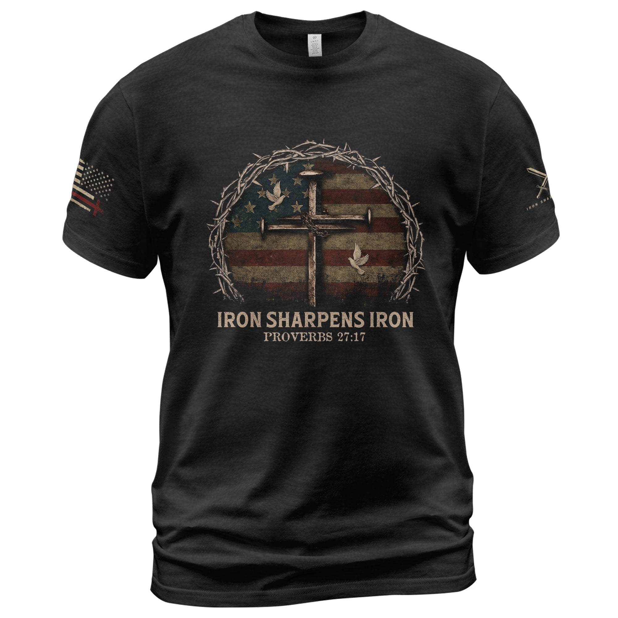 Iron Sharpens Iron Cross American Flag T-Shirt - Rust Field Wear
