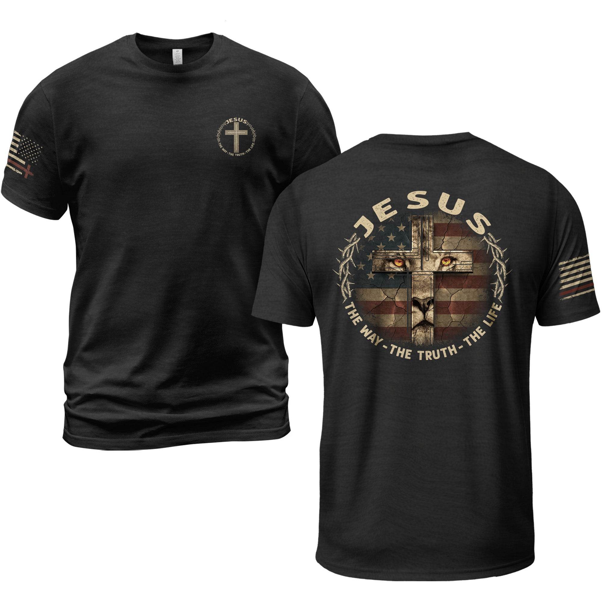 Jesus & American Flag Lion Cross T-Shirt β The Way The Truth The Life - Rust Field Wear