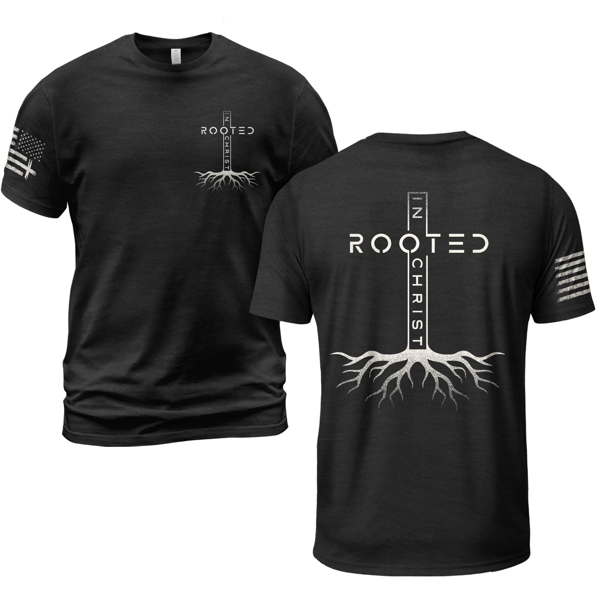 Rooted In Christ Vertical Cross Roots Back Print Christian T-Shirt