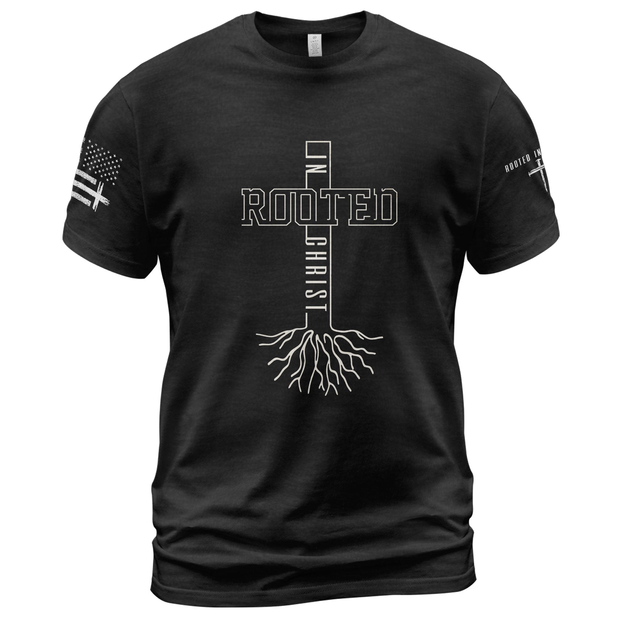 Rooted In Christ Bold Cross Roots Christian T-Shirt