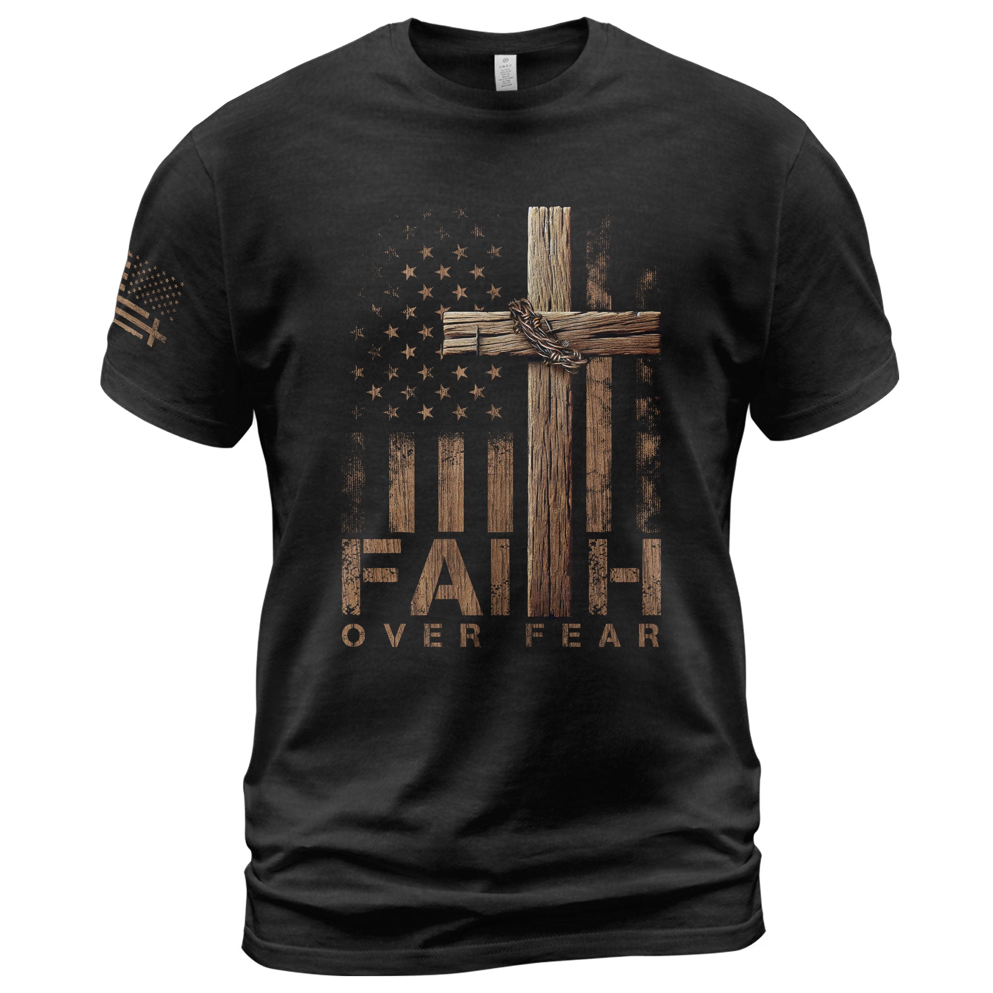 Faith Over Fear Wooden Cross American Flag Christian T-Shirt