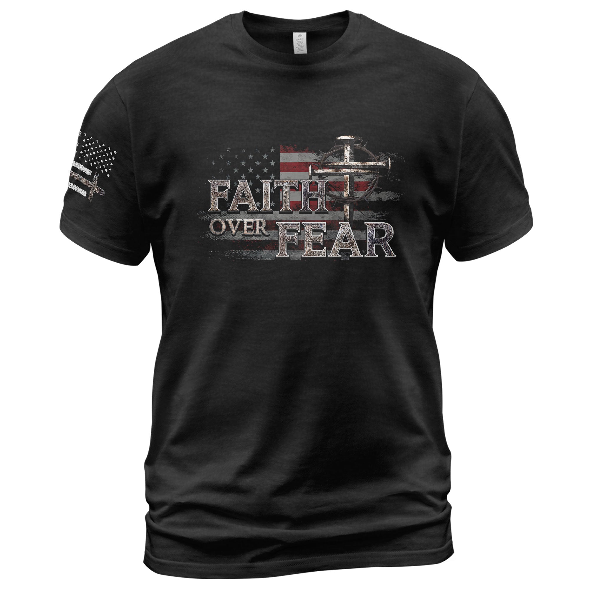 Faith Over Fear Christian T-Shirt American Flag Cross Shield Design