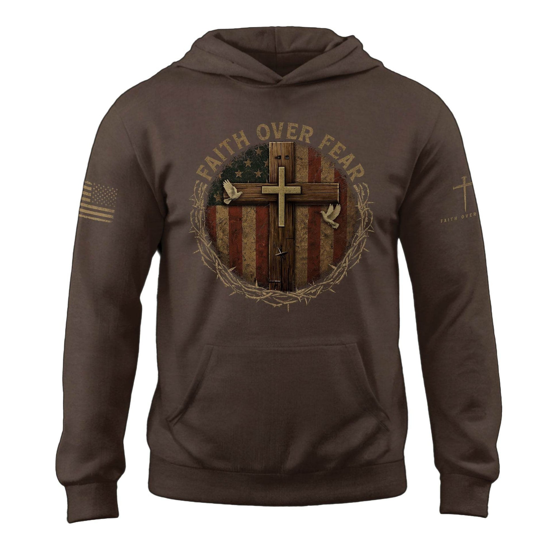 Faith Over Fear Cross And American Flag Christian Hoodie - Rust Field Wear