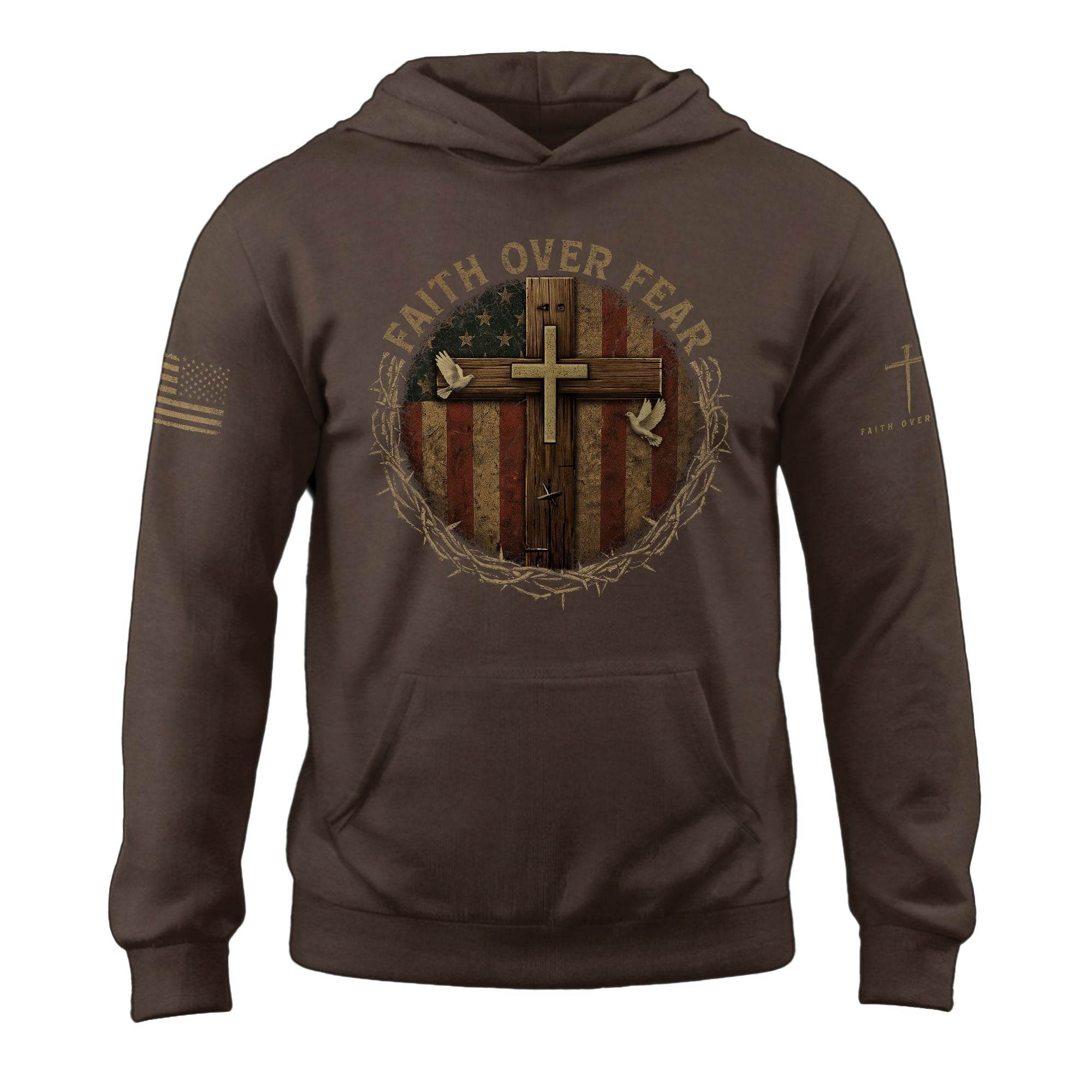 Faith Over Fear Cross And American Flag Christian Hoodie - Rust Field Wear