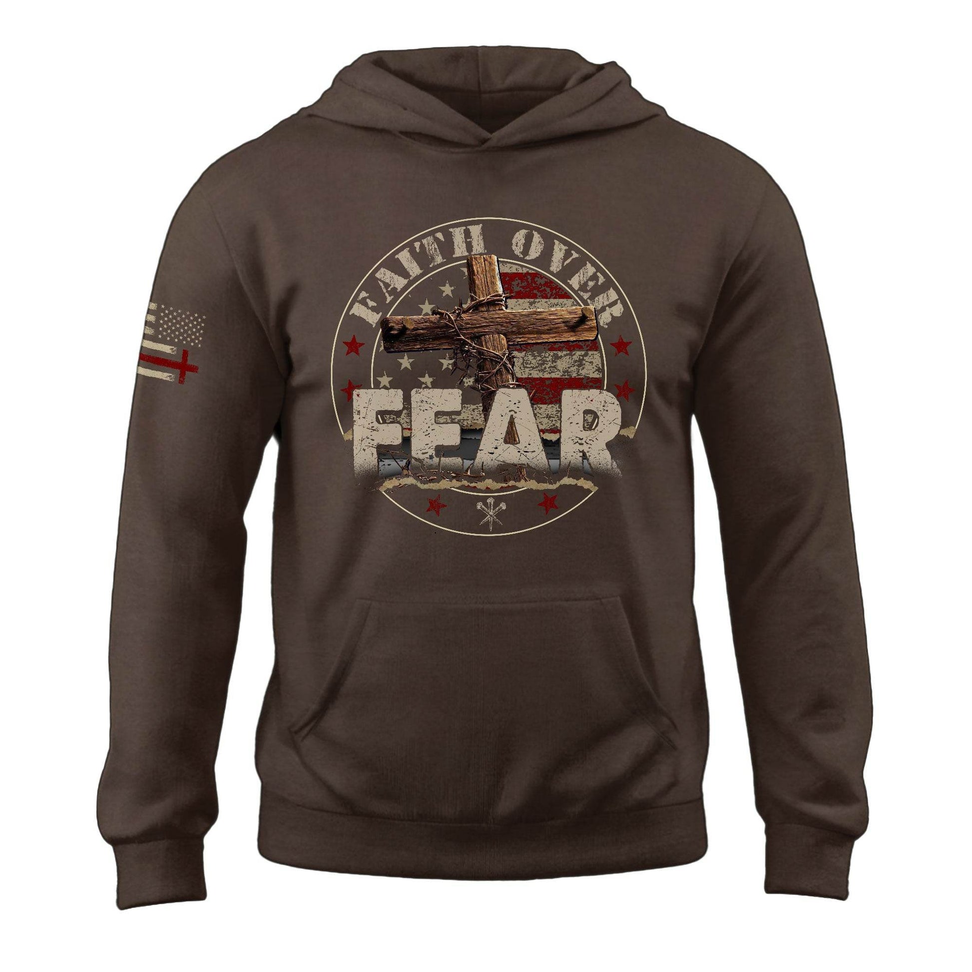 Faith Over Fear Christian Hoodie – Bold Cross & Flag Design - Rust Field Wear