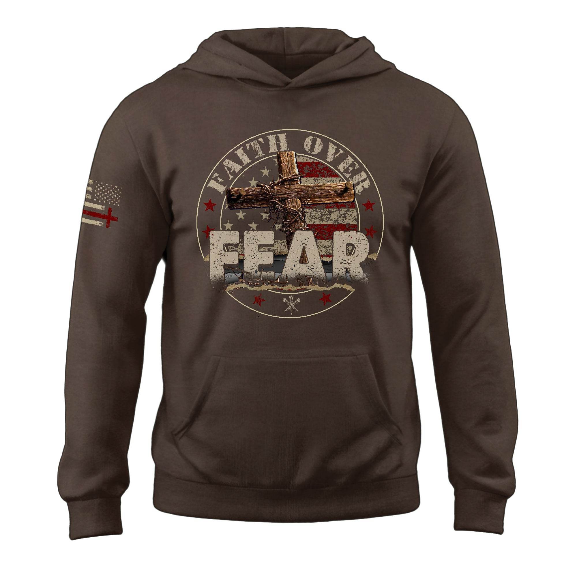 Faith Over Fear Christian Hoodie – Bold Cross & Flag Design - Rust Field Wear