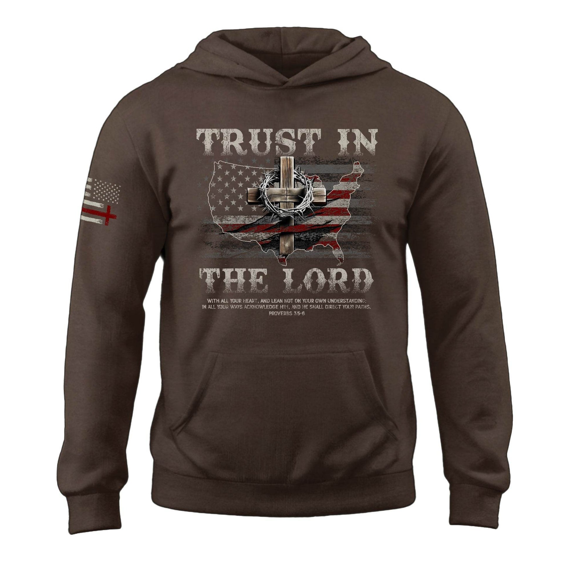 Trust in the Lord Hoodie – Proverbs 3:5-6 Cross & USA Flag Design - Rust Field Wear