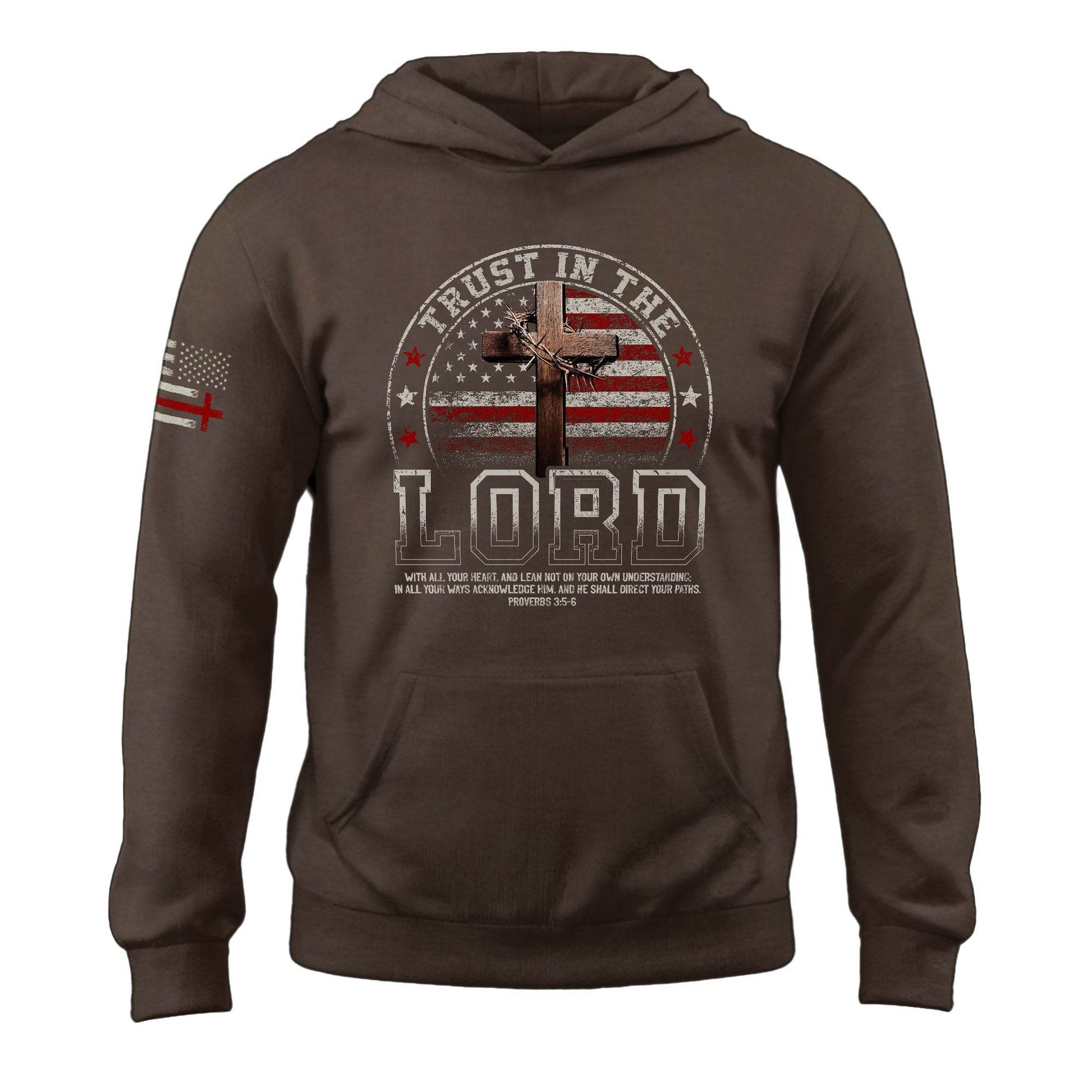 Trust in the Lord Hoodie – Proverbs 3:5-6 Cross & Flag Graphic - Rust Field Wear
