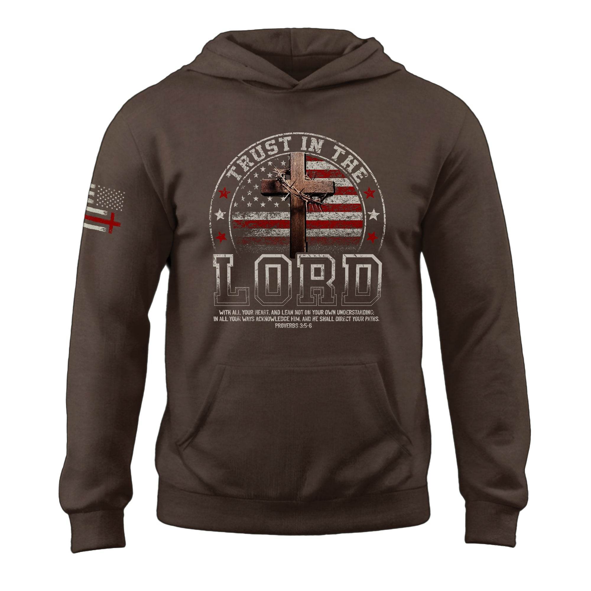 Trust in the Lord Hoodie – Proverbs 3:5-6 Cross & Flag Graphic - Rust Field Wear