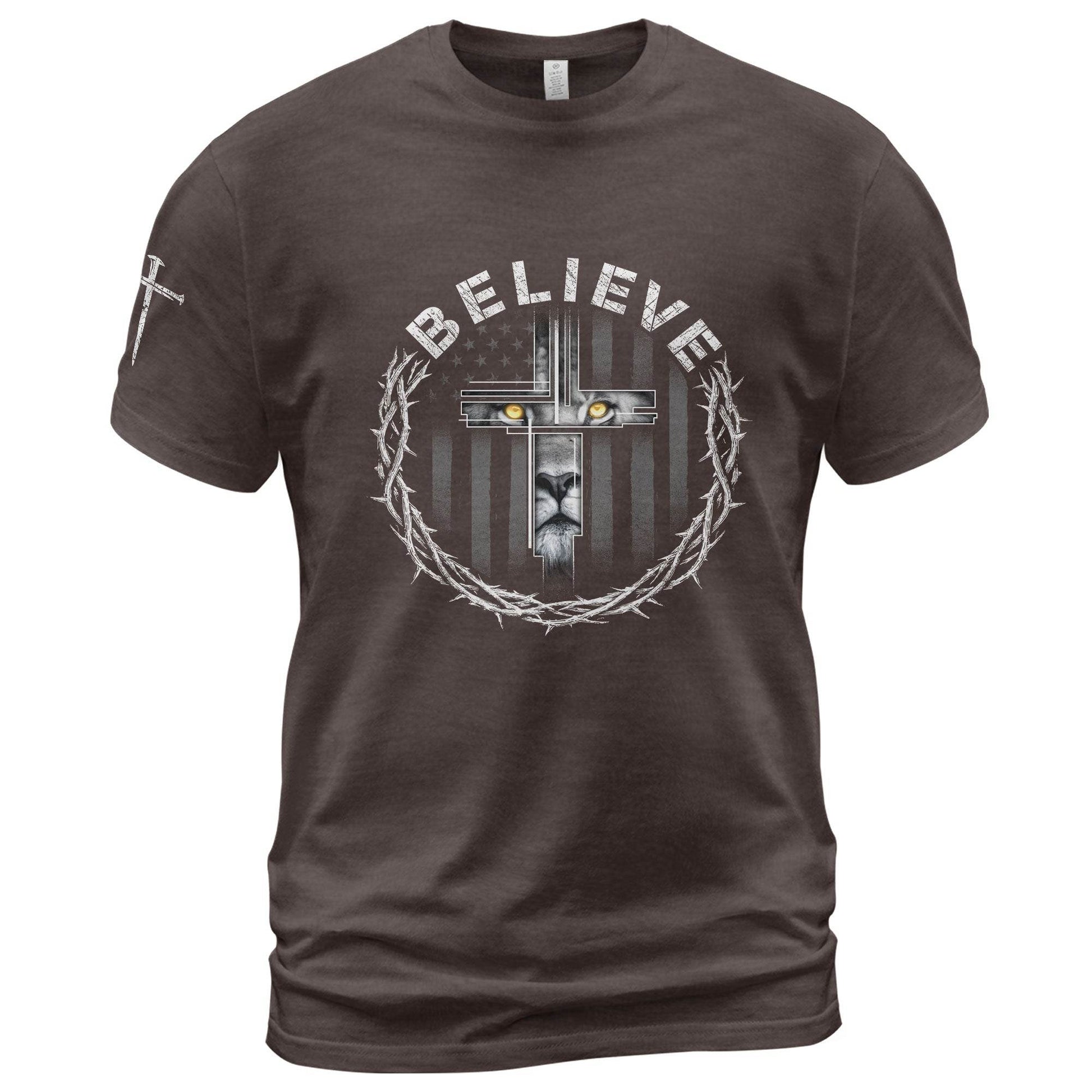 Believe Lion Cross Crown of Thorns Christian T-Shirt - Rust Field Wear