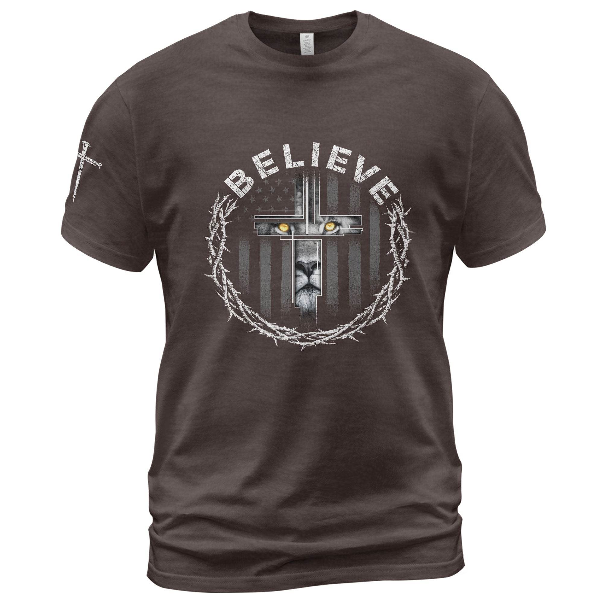 Believe Lion Cross Crown of Thorns Christian T-Shirt - Rust Field Wear