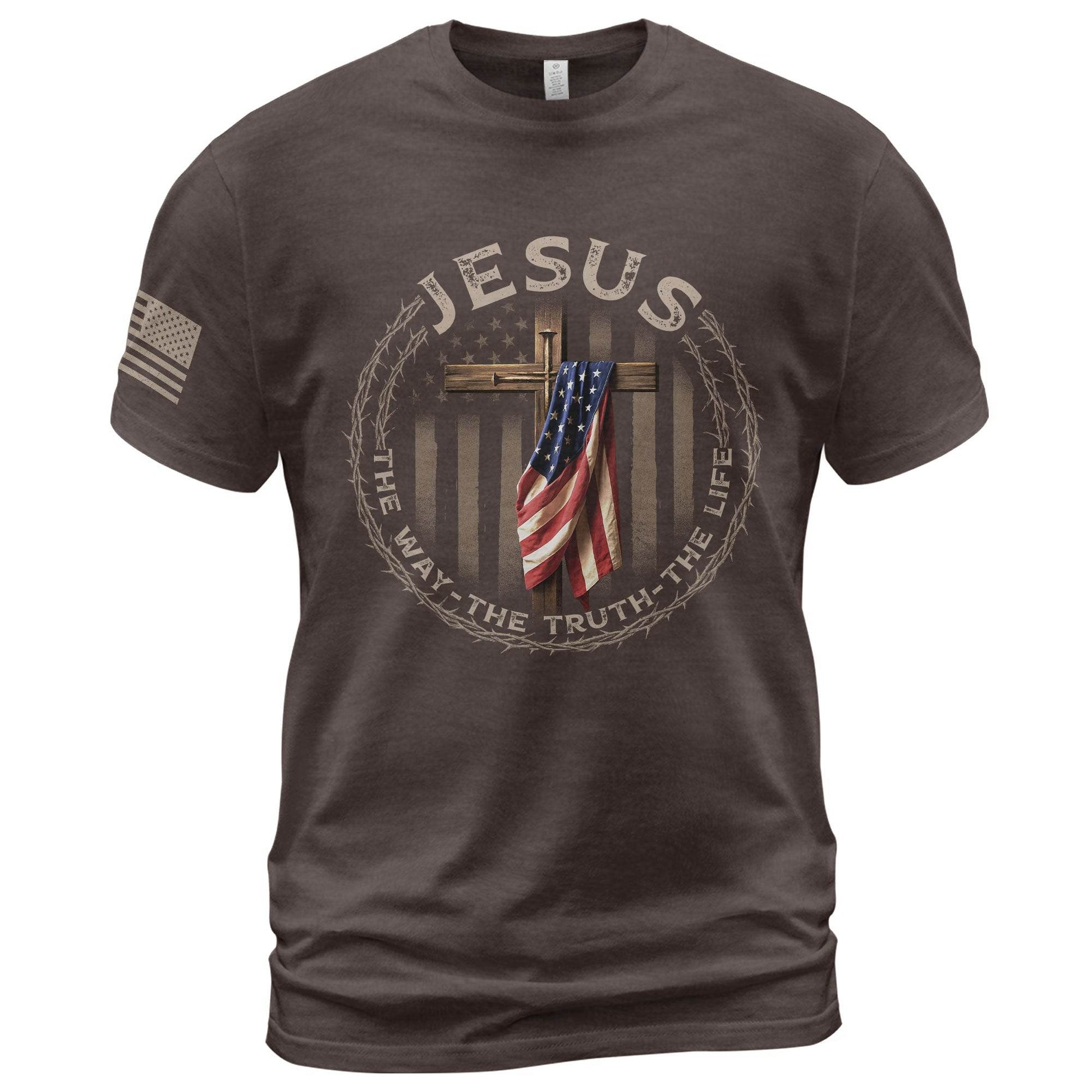 Jesus The Way The Truth The Life T-Shirt – American Flag Cross & Crown of Thorns Design - Rust Field Wear