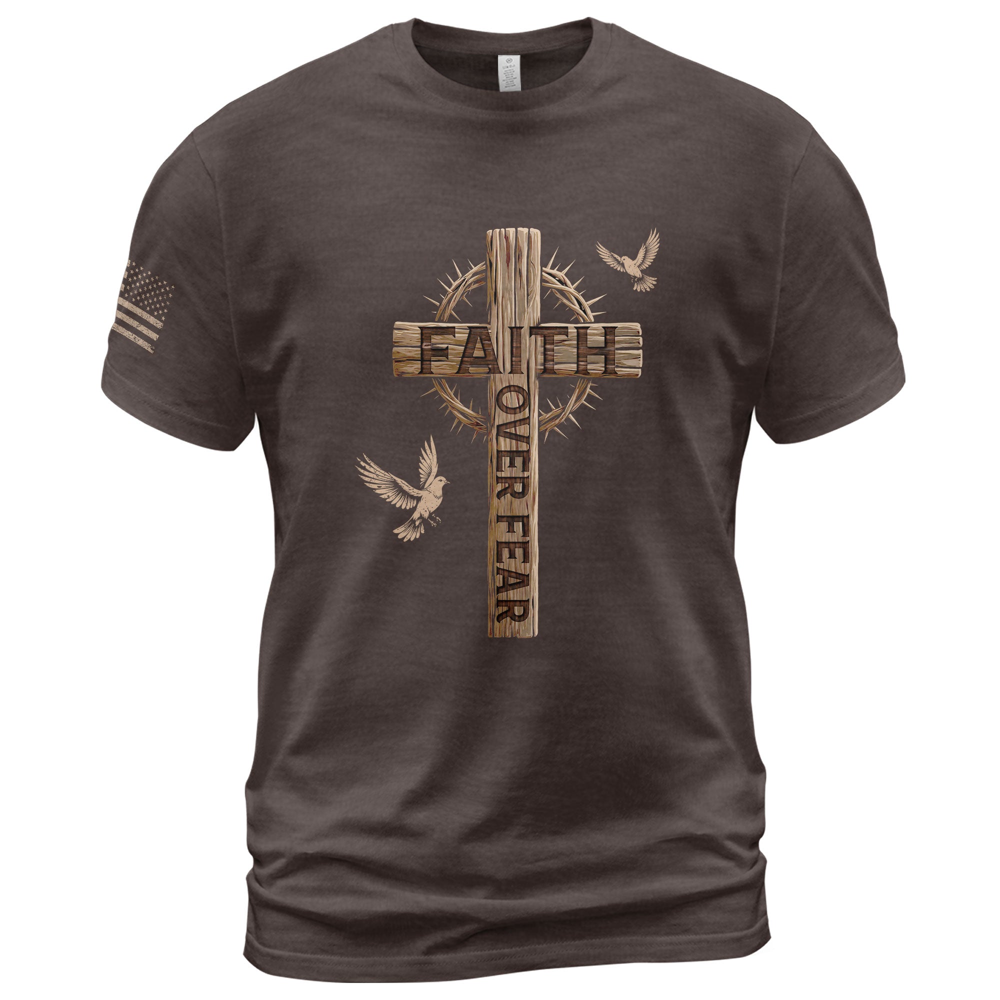 Faith Over Fear Christian T-Shirt Wooden Cross Crown of Thorns Design