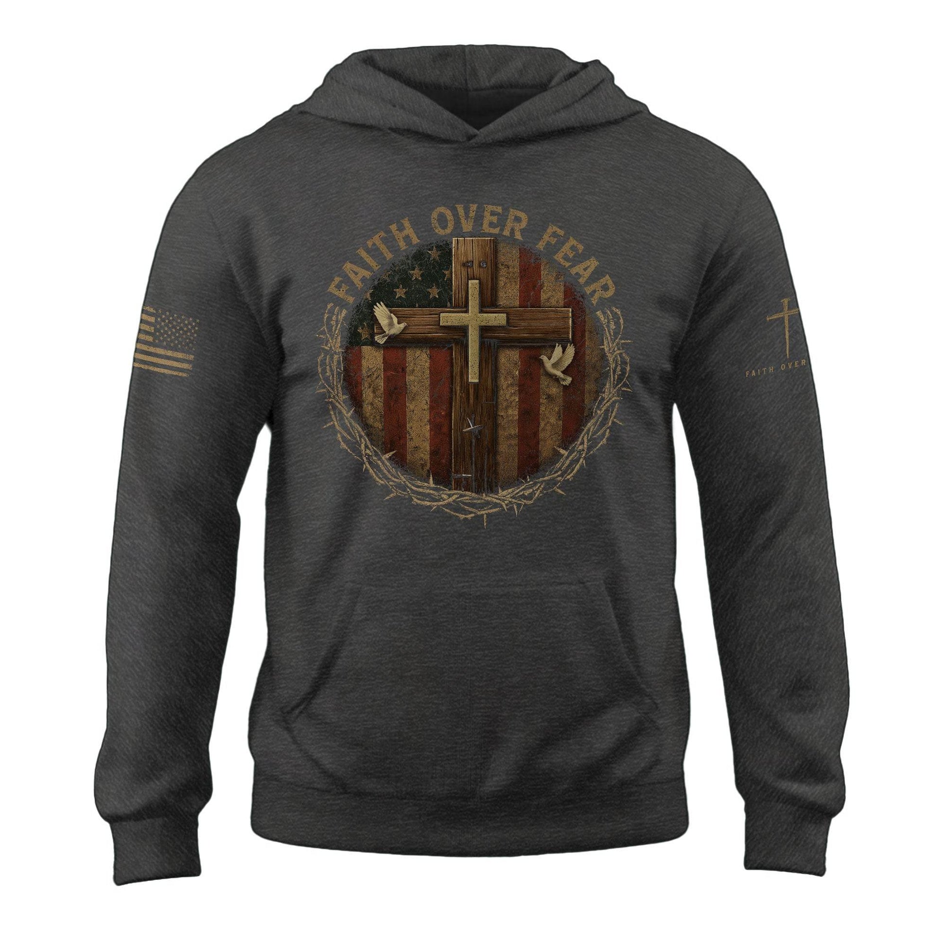 Faith Over Fear Cross And American Flag Christian Hoodie - Rust Field Wear