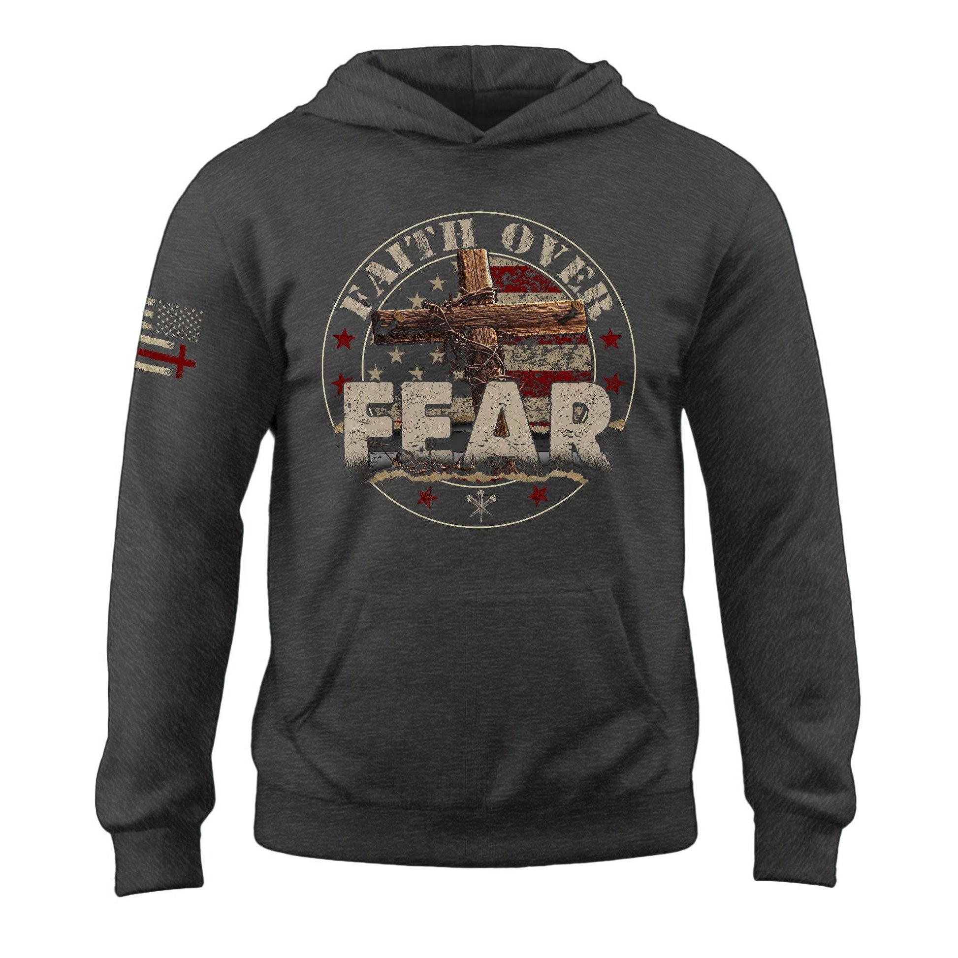 Faith Over Fear Christian Hoodie – Bold Cross & Flag Design - Rust Field Wear