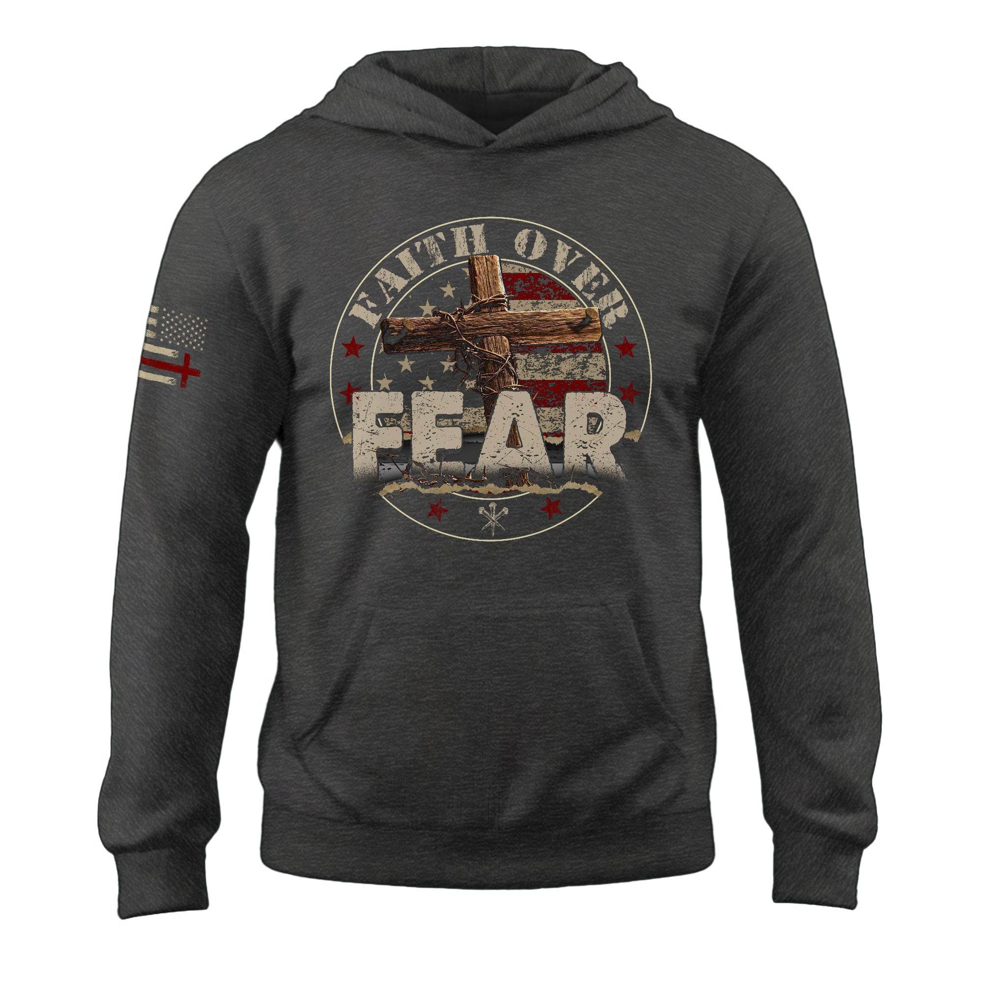 Faith Over Fear Christian Hoodie – Bold Cross & Flag Design - Rust Field Wear