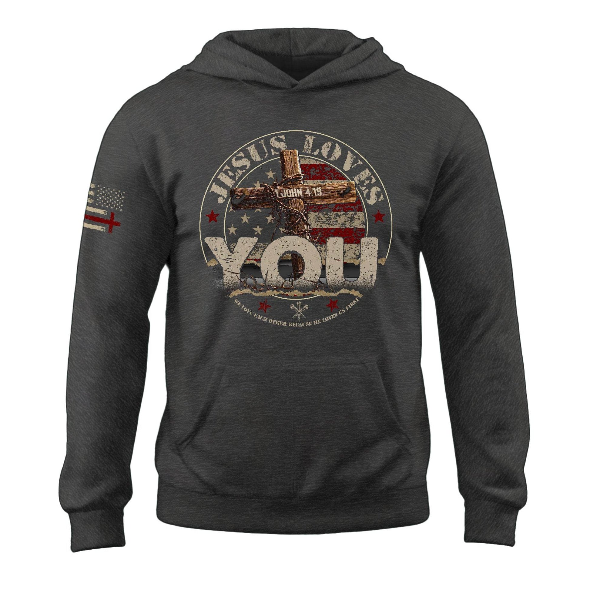 Jesus Loves You Hoodie – 1 John 4:19 Cross & American Flag - Rust Field Wear