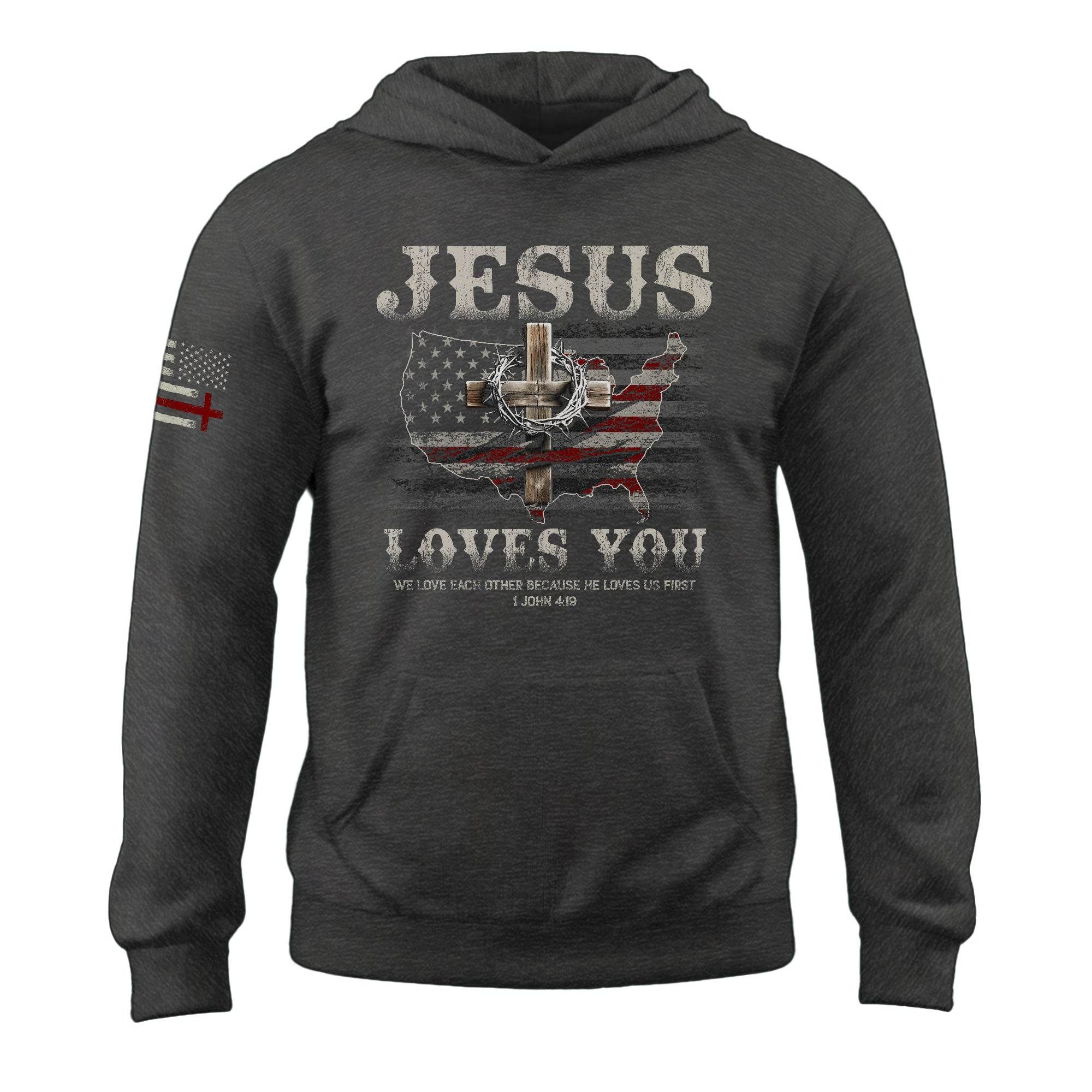 Jesus Loves You Hoodie – 1 John 4:19 Cross & USA Flag Design - Rust Field Wear
