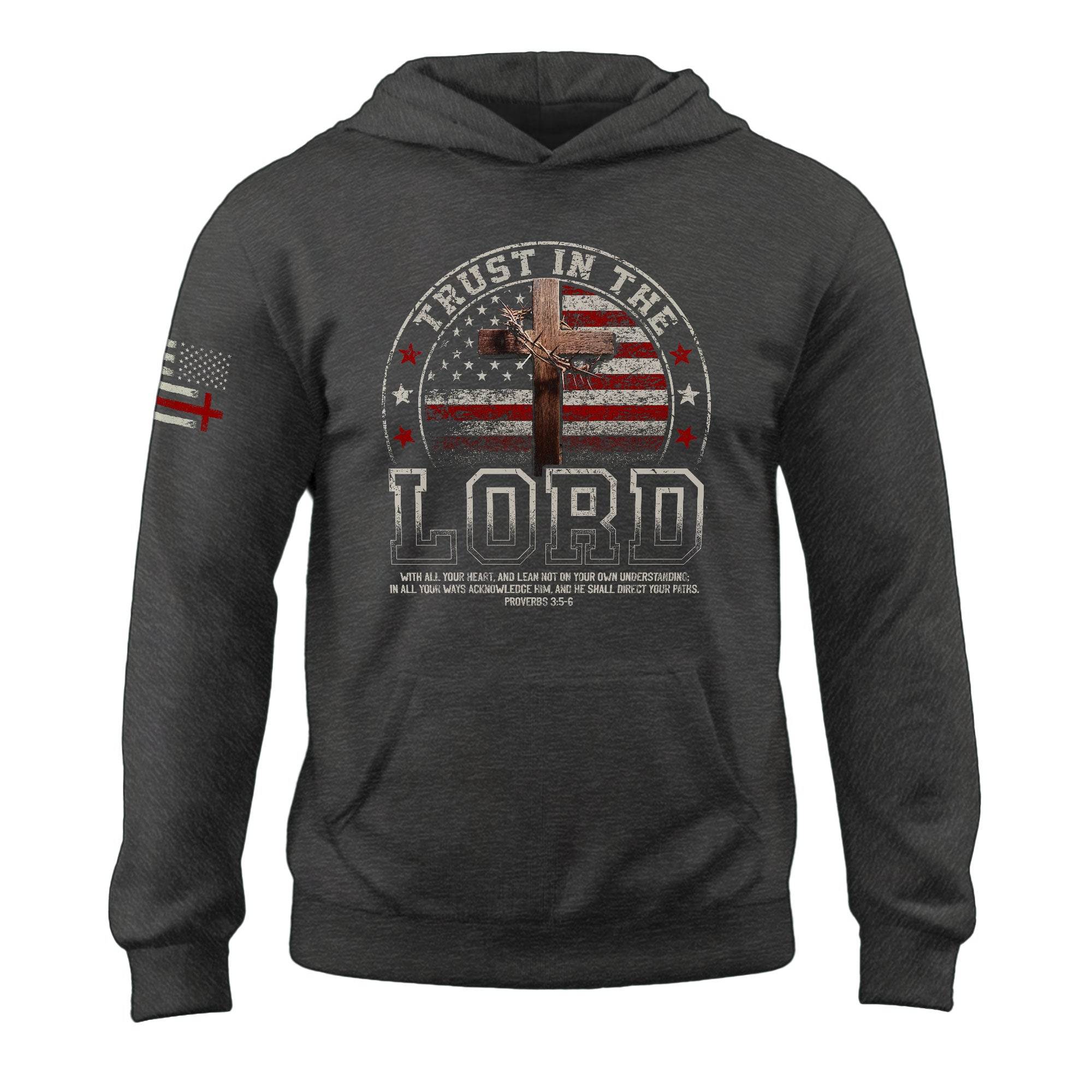 Trust in the Lord Hoodie – Proverbs 3:5-6 Cross & Flag Graphic - Rust Field Wear