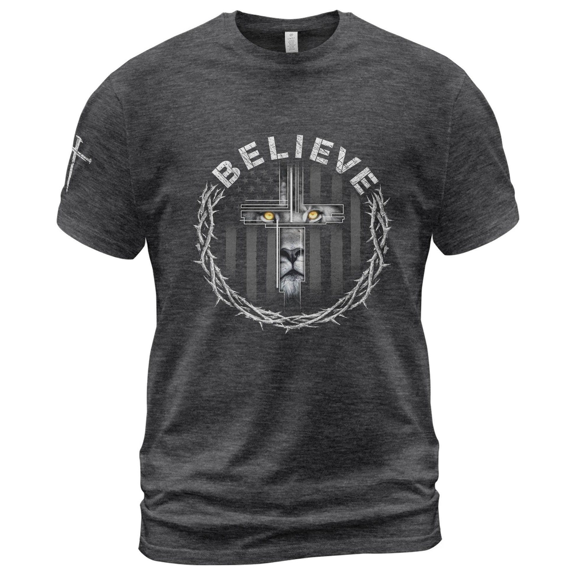 Believe Lion Cross Crown of Thorns Christian T-Shirt - Rust Field Wear