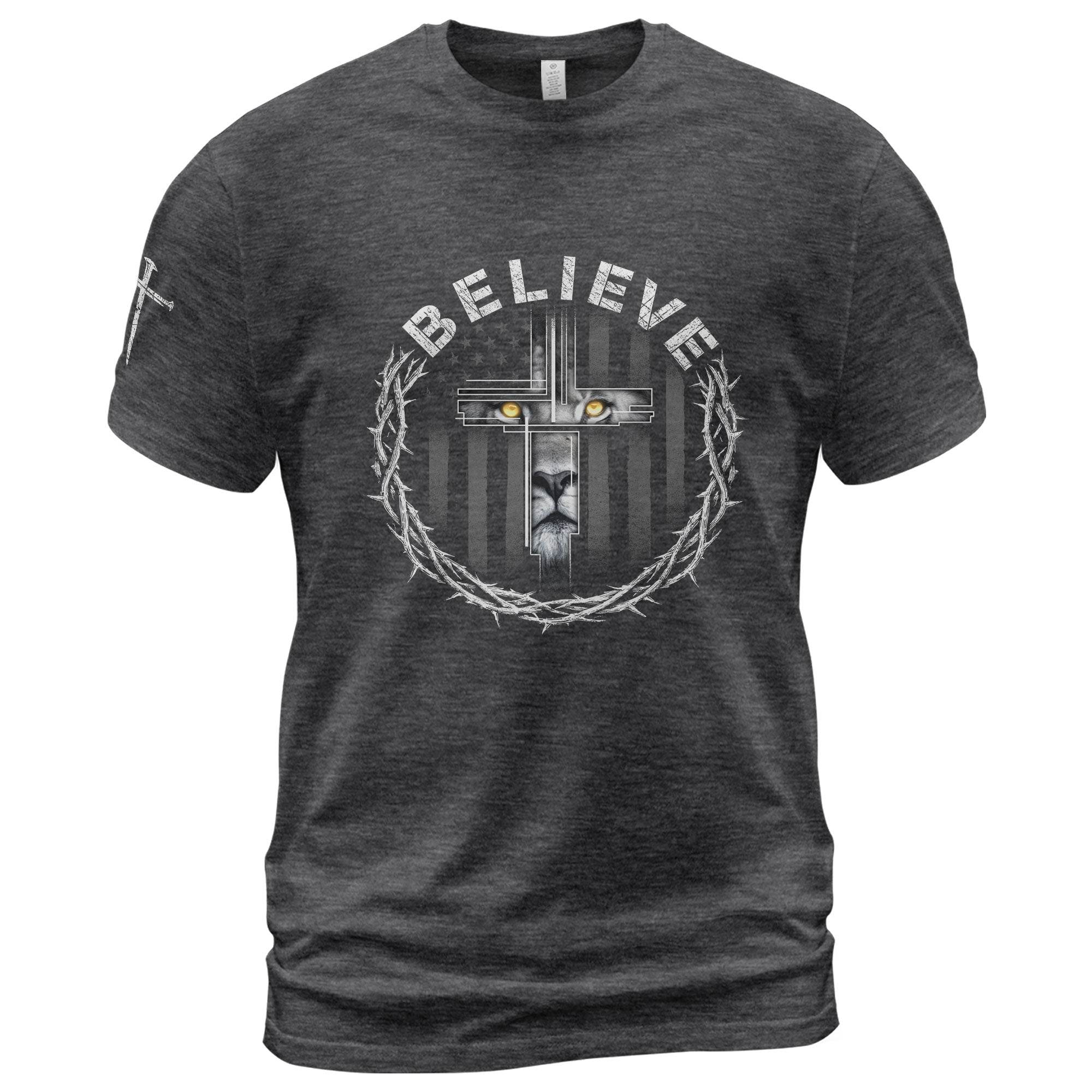 Believe Lion Cross Crown of Thorns Christian T-Shirt - Rust Field Wear
