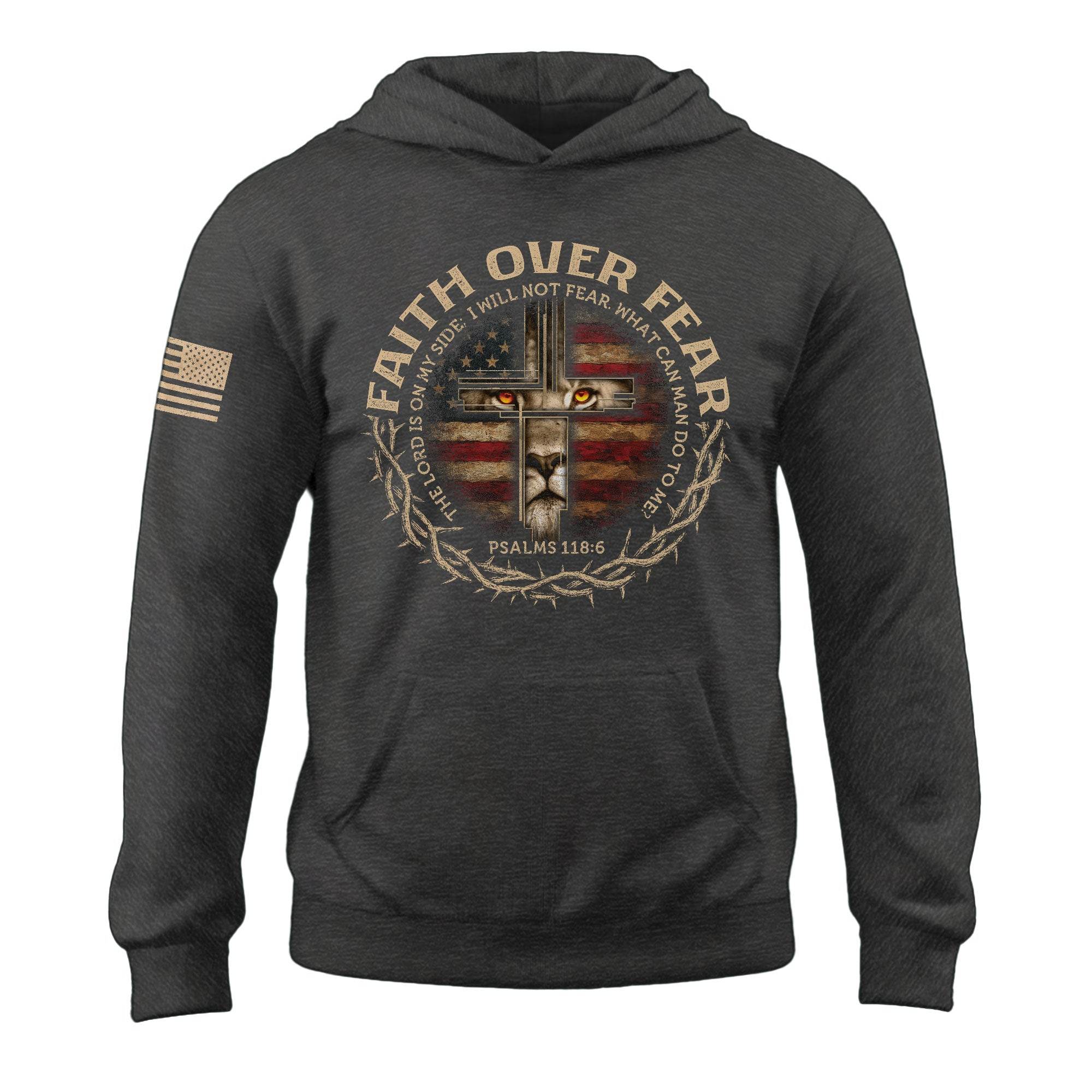 Faith Over Fear Lion Cross American Flag Hoodie - Rust Field Wear