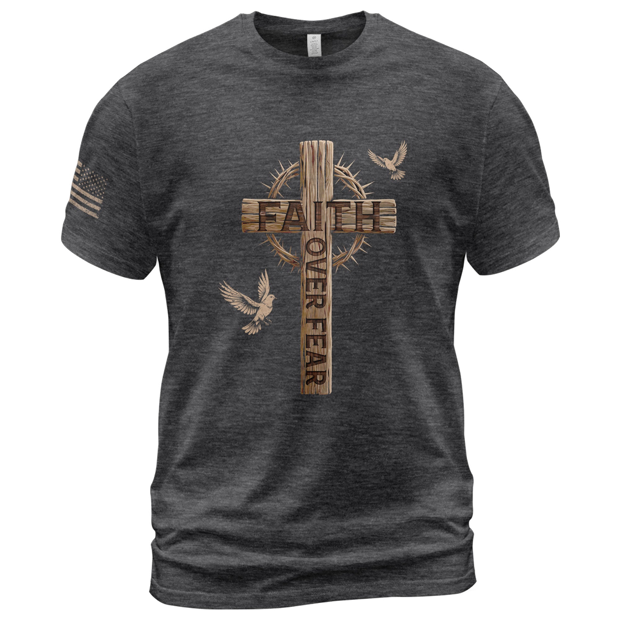Faith Over Fear Christian T-Shirt Wooden Cross Crown of Thorns Design