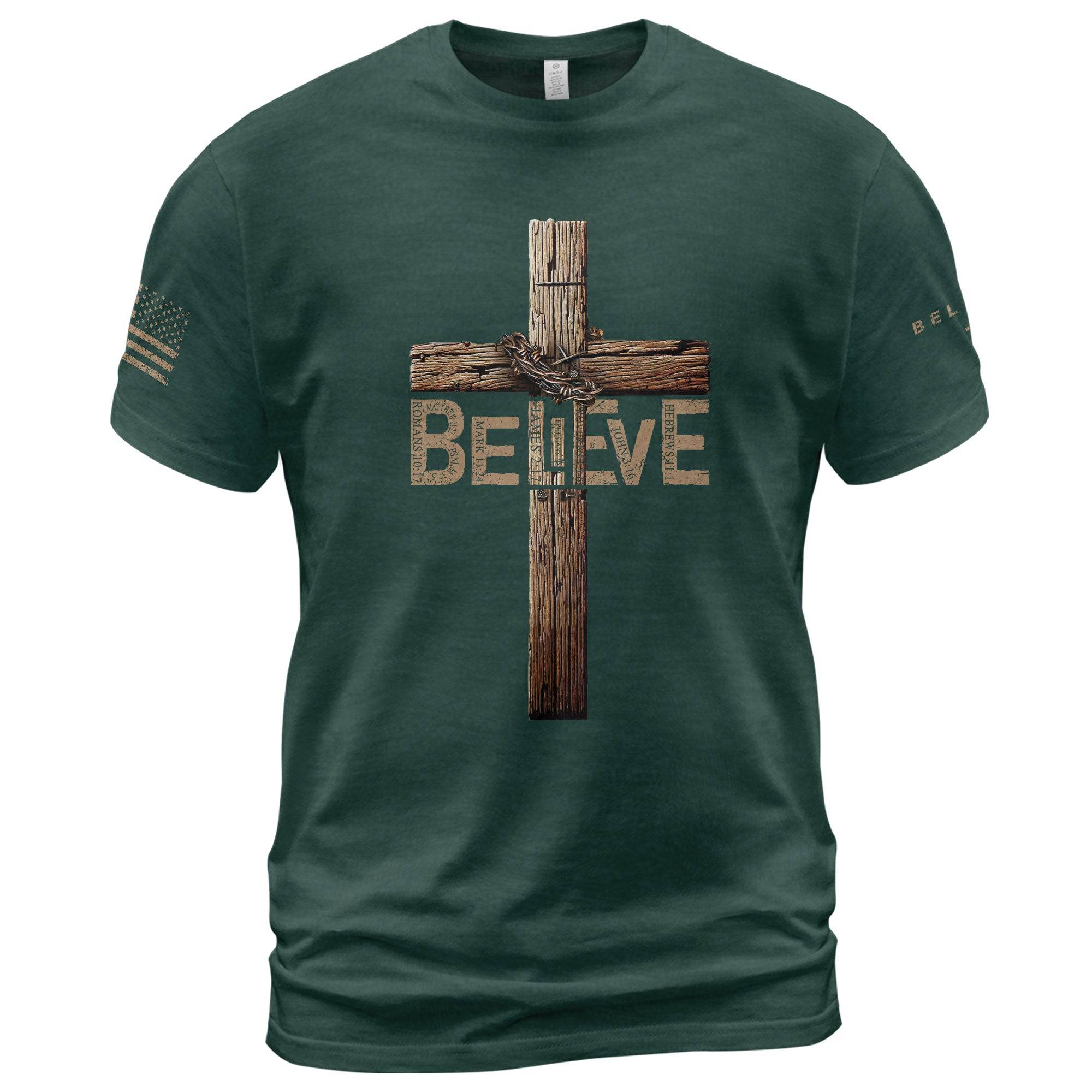 Believe In The Cross – Rustic Wood Christian T-shirt - Rust Field Wear