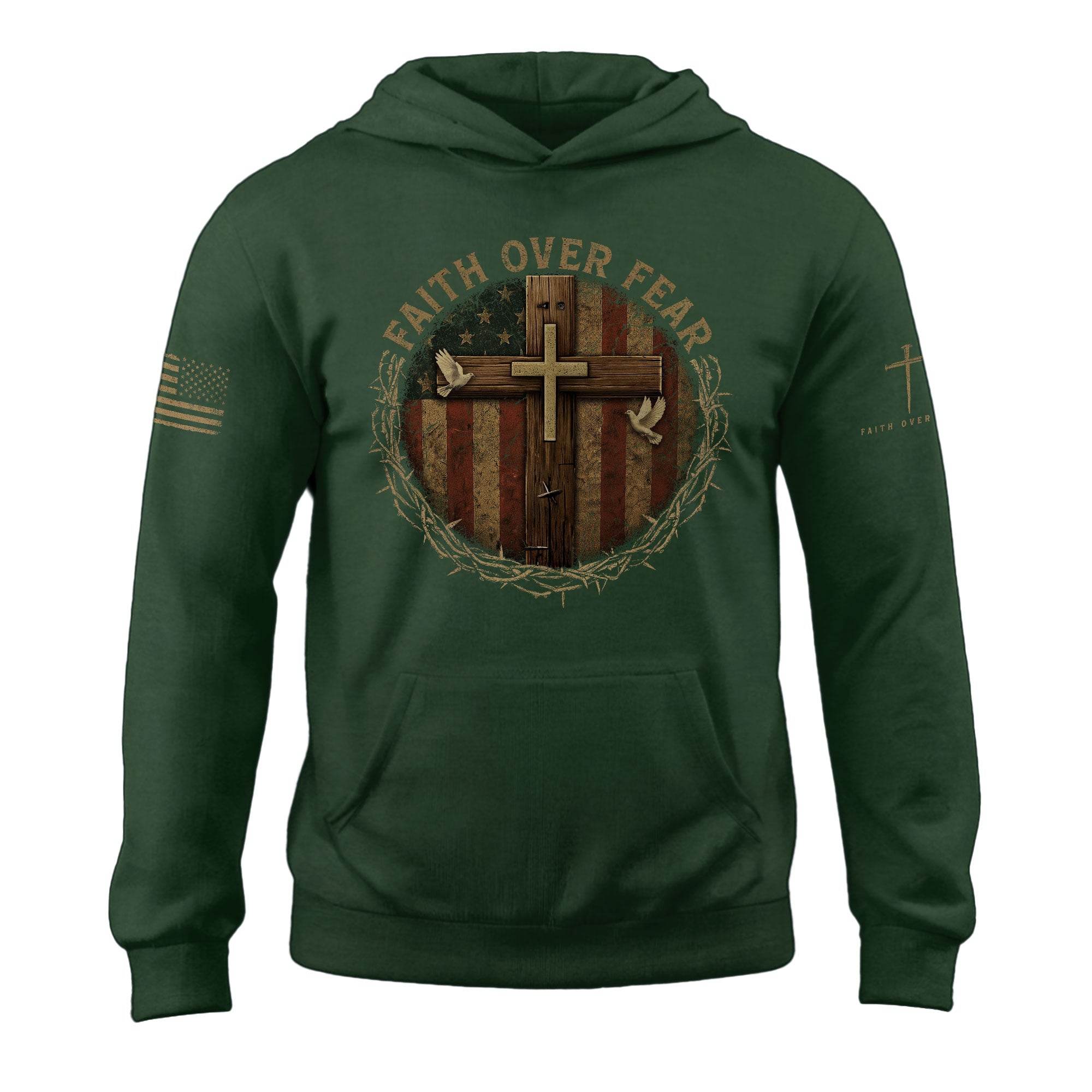 Faith Over Fear Cross And American Flag Christian Hoodie - Rust Field Wear