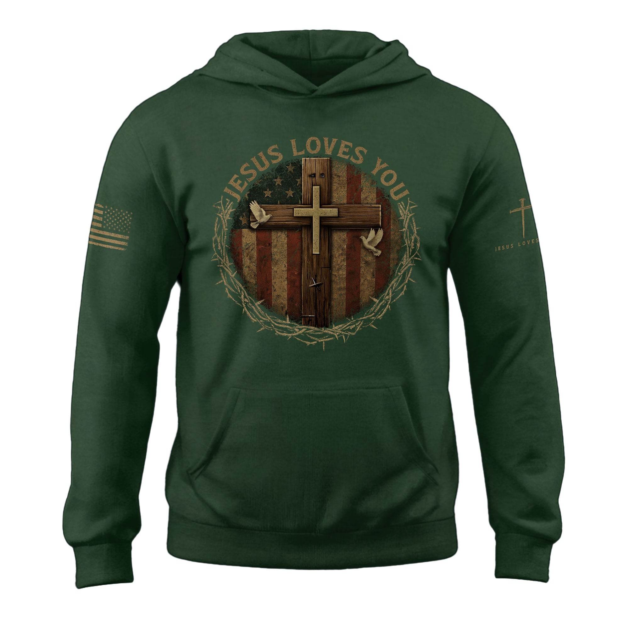 From Sacrifice To Glory "Jesus Loves You" Cross And Flag Hoodie
