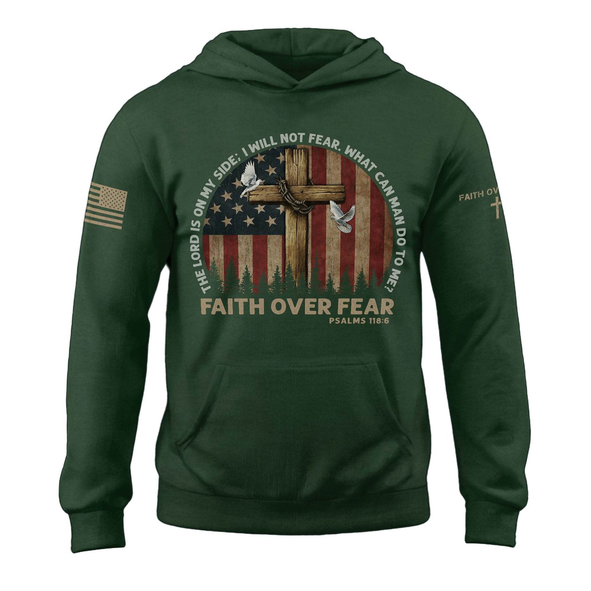 Faith Over Fear Hoodie – Psalms 118:6 Cross, Doves & Flag - Rust Field Wear