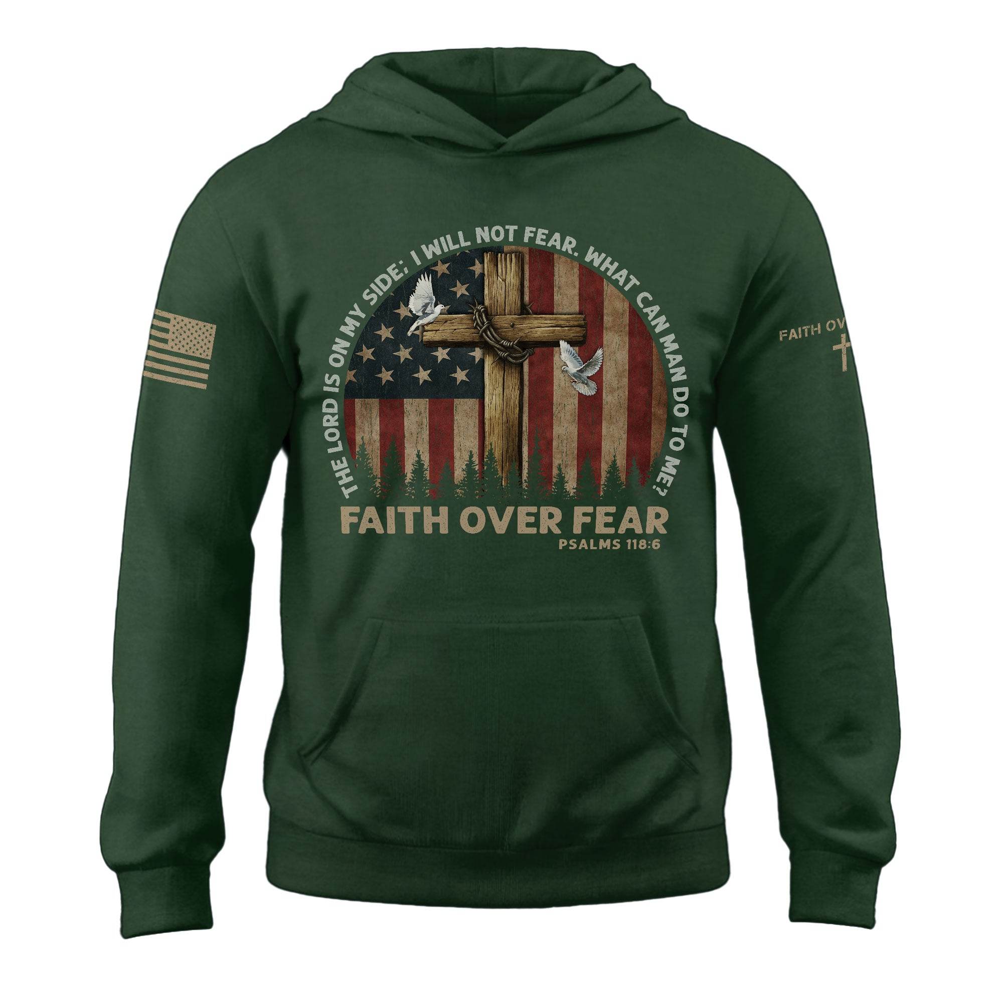 Faith Over Fear Hoodie – Psalms 118:6 Cross, Doves & Flag - Rust Field Wear