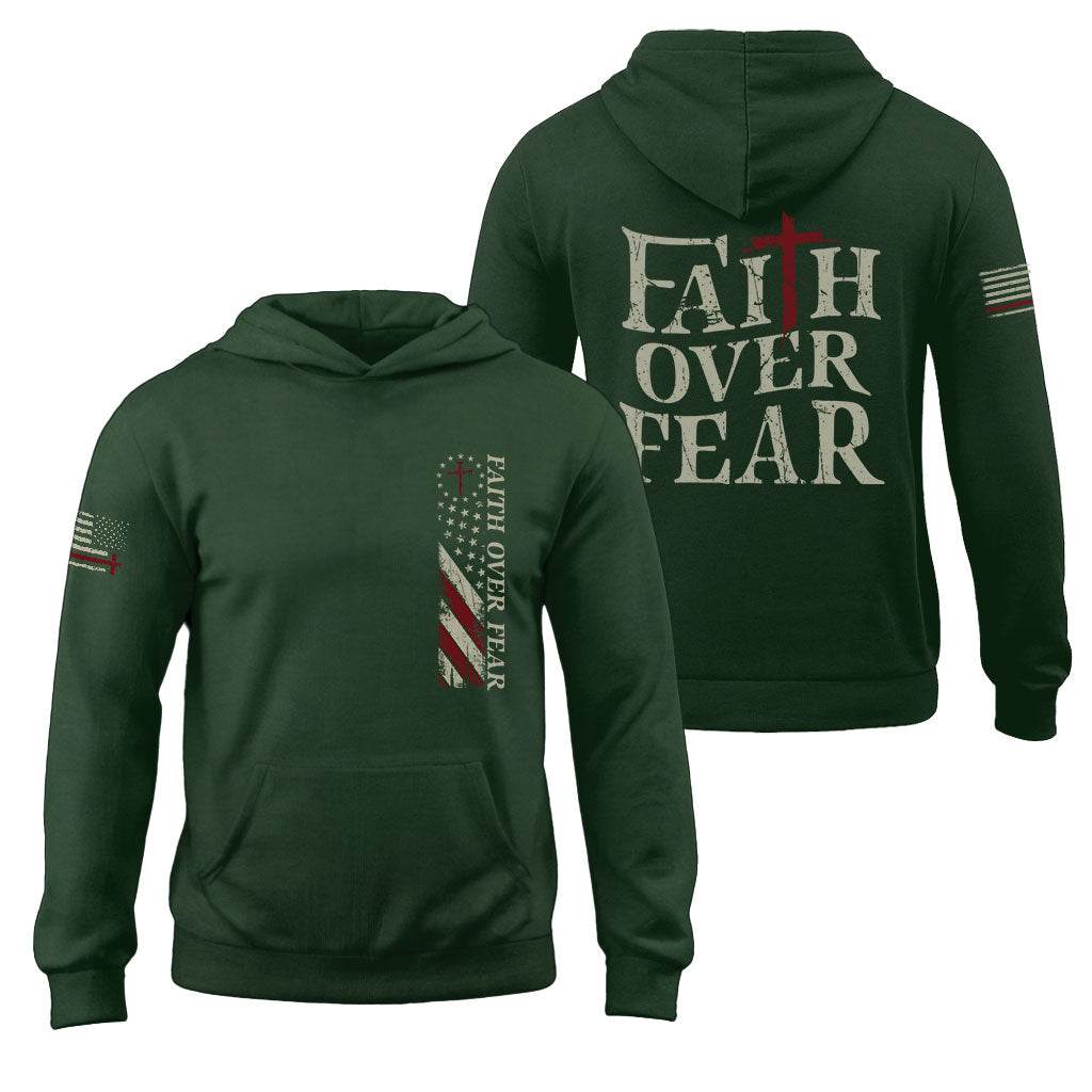 Faith Over Fear Hoodie – Cross & American Flag Front Back Print - Rust Field Wear
