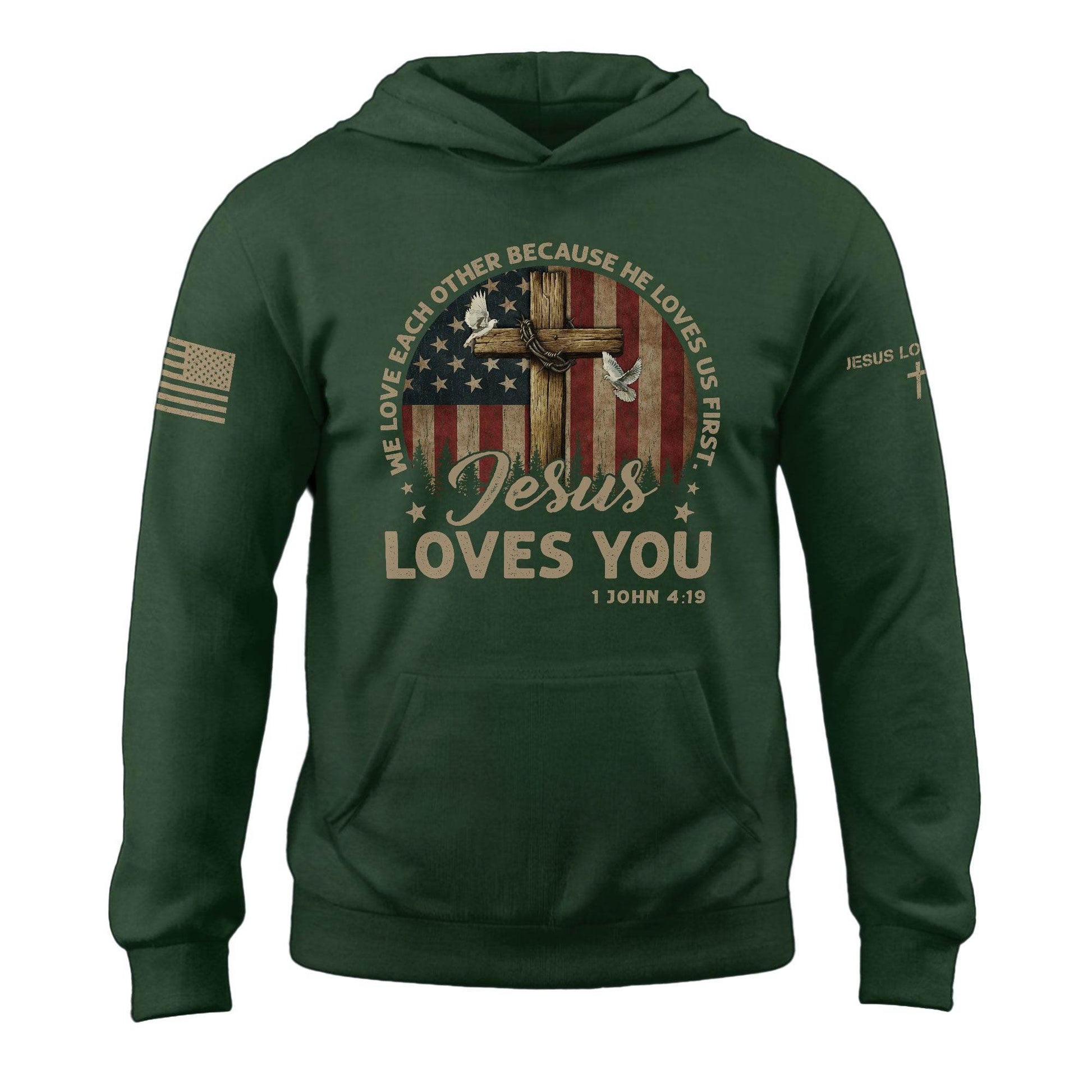 Jesus Loves You Hoodie – 1 John 4:19 Cross, Doves & Flag - Rust Field Wear
