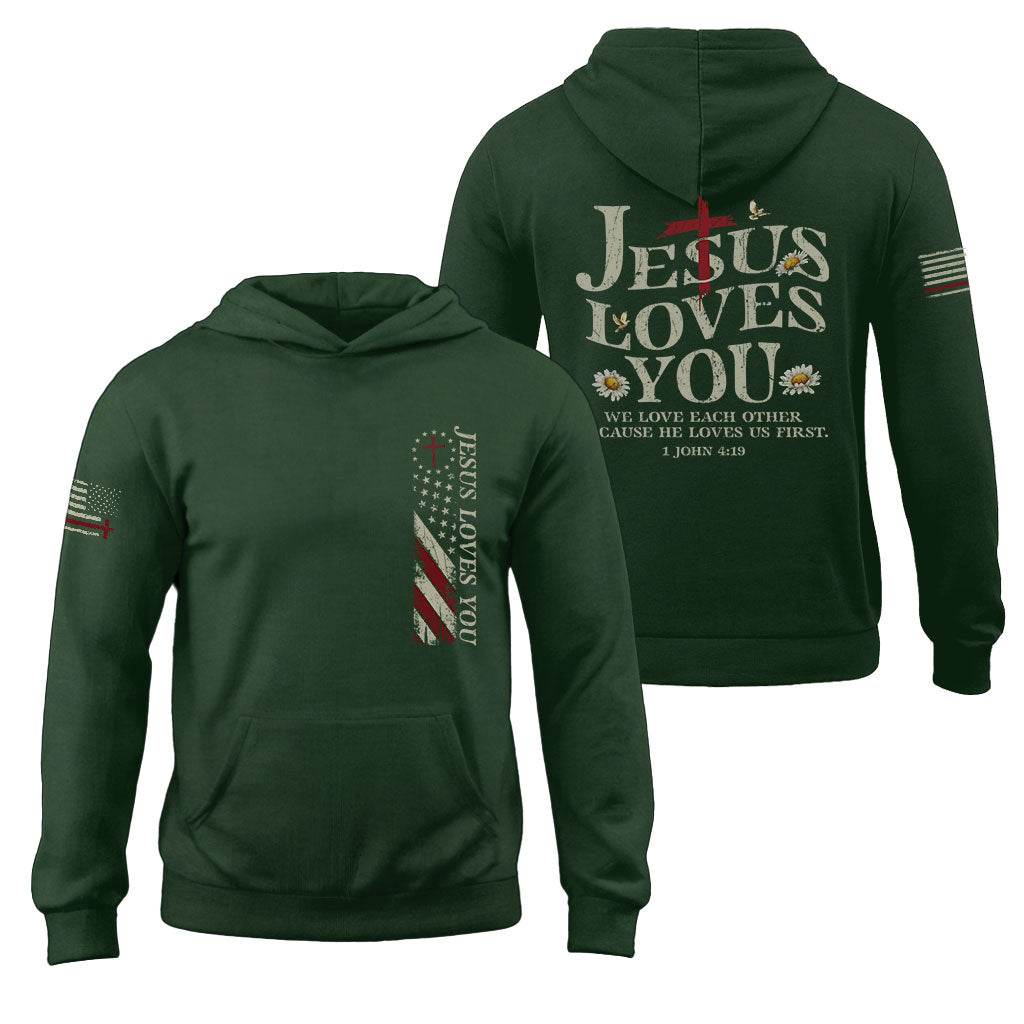 Jesus Loves You Hoodie – 1 John 4:19 Cross, Flag & Daisy Design - Rust Field Wear