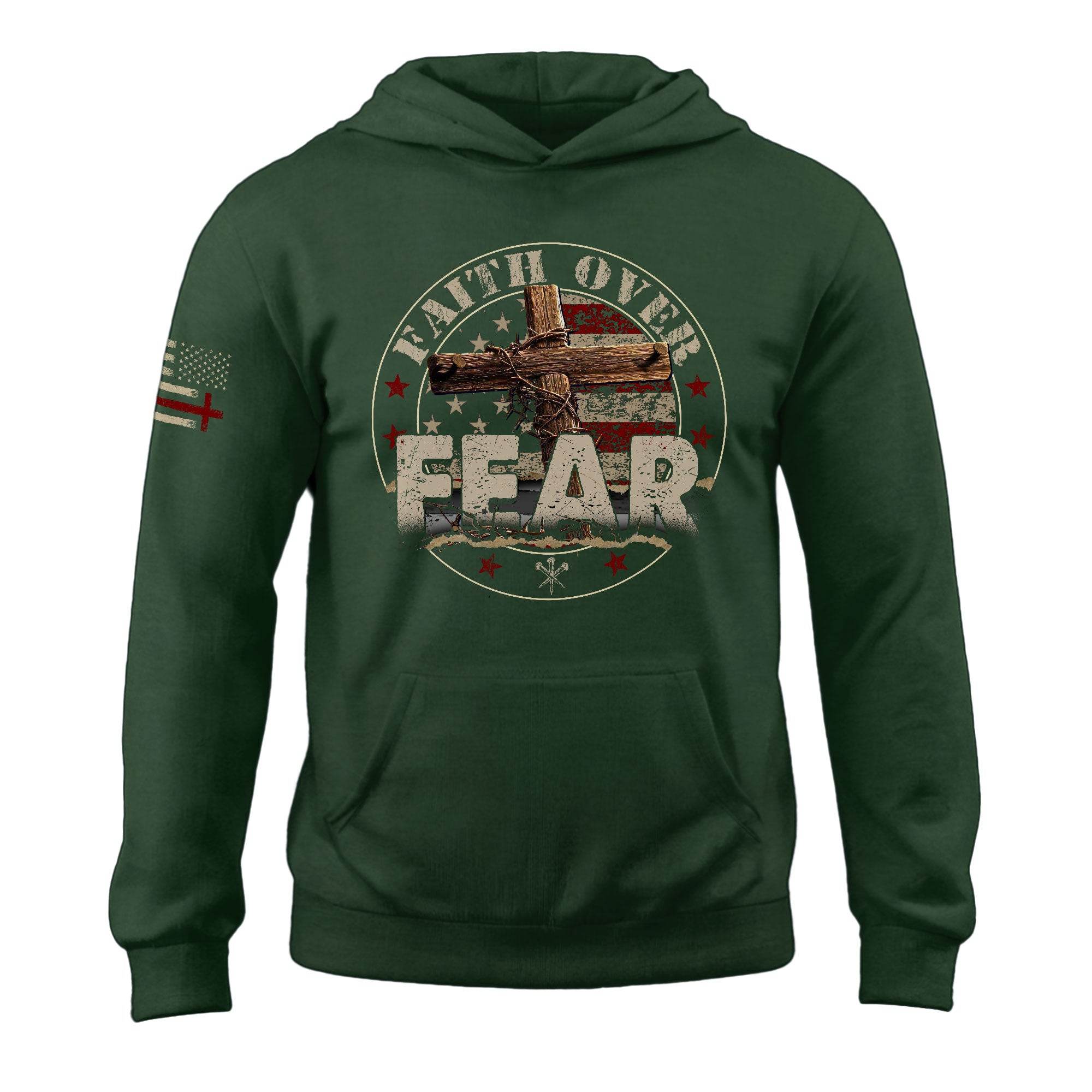 Faith Over Fear Christian Hoodie – Bold Cross & Flag Design - Rust Field Wear