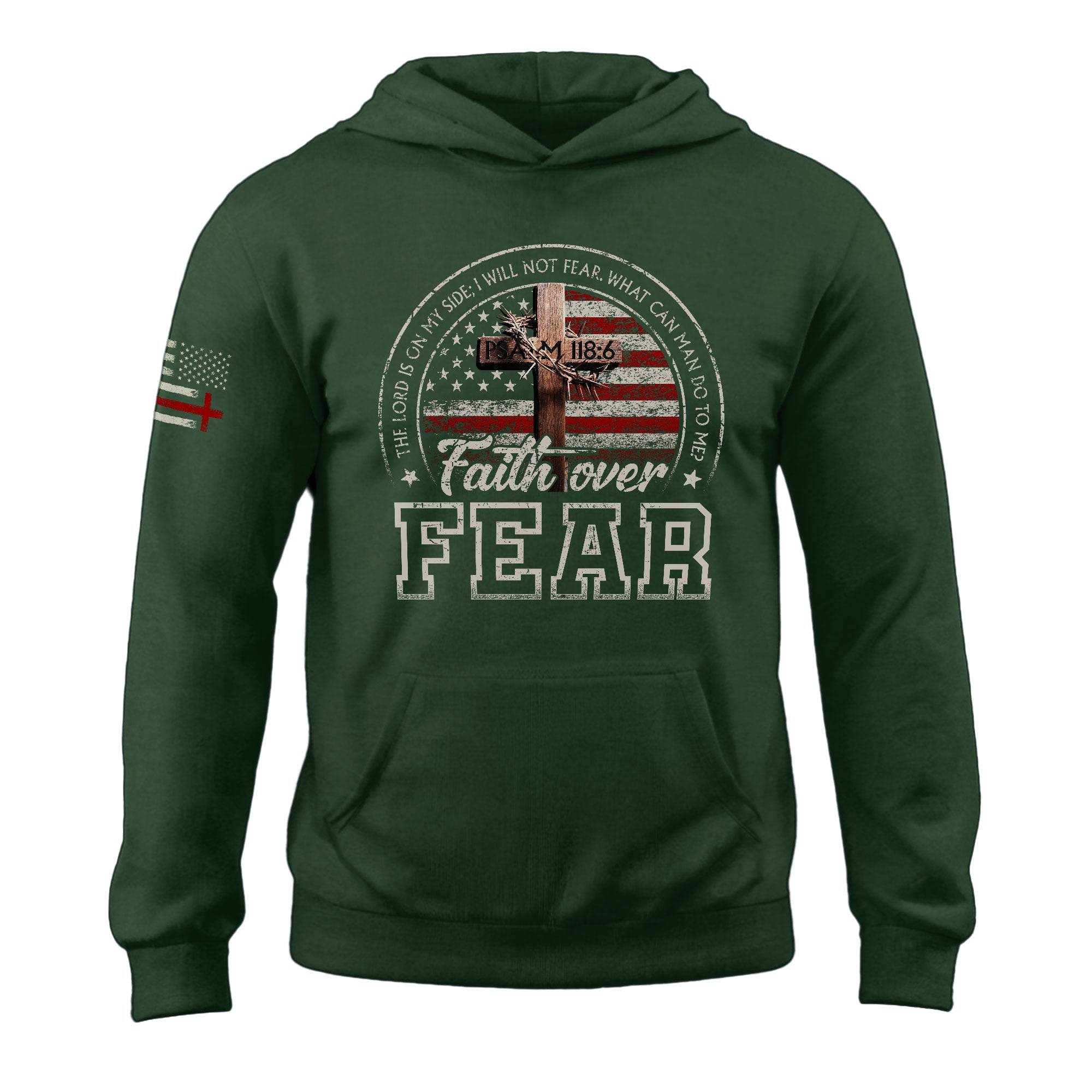 Faith Over Fear Hoodie – Psalm 118:6 Cross & American Flag - Rust Field Wear