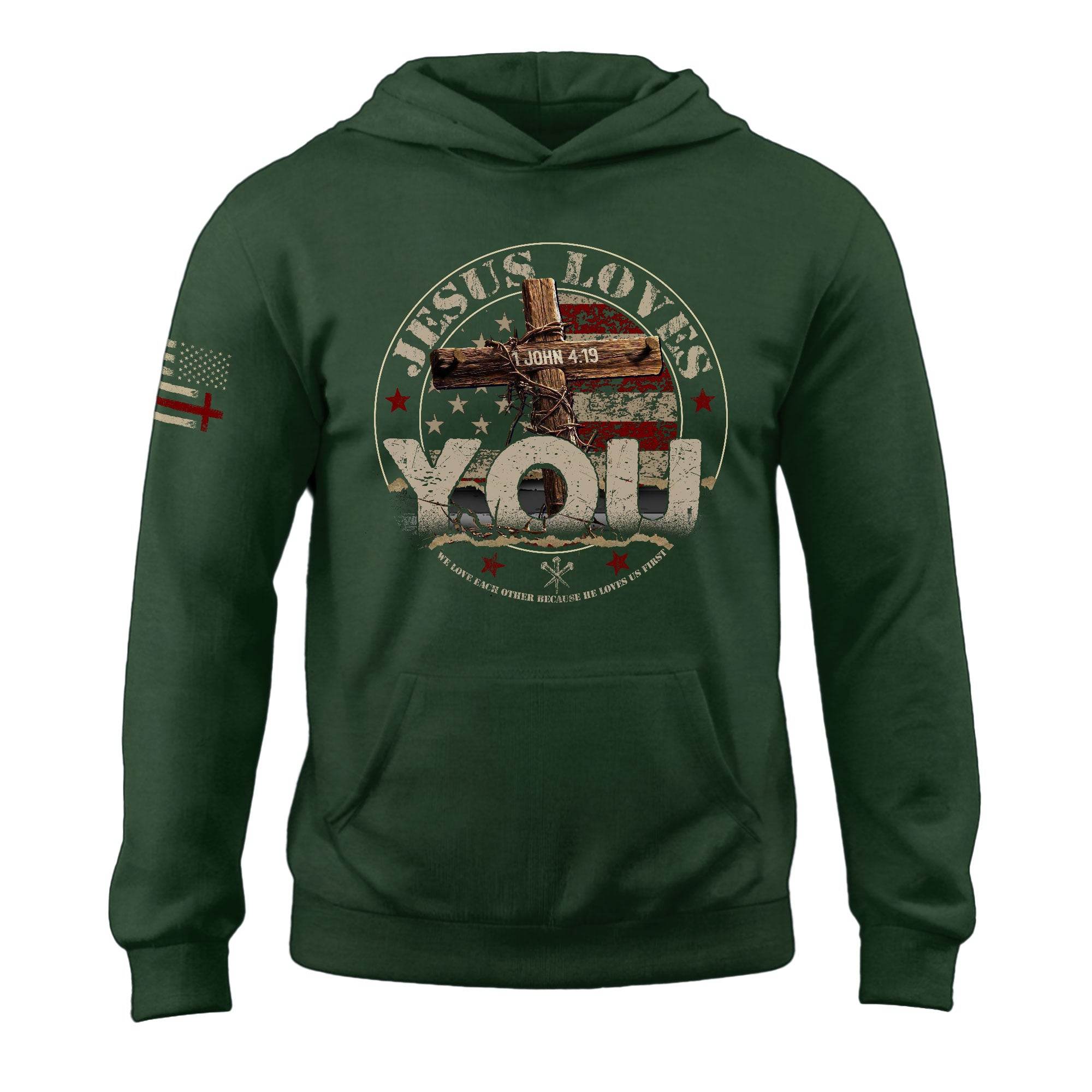 Jesus Loves You Hoodie – 1 John 4:19 Cross & American Flag - Rust Field Wear