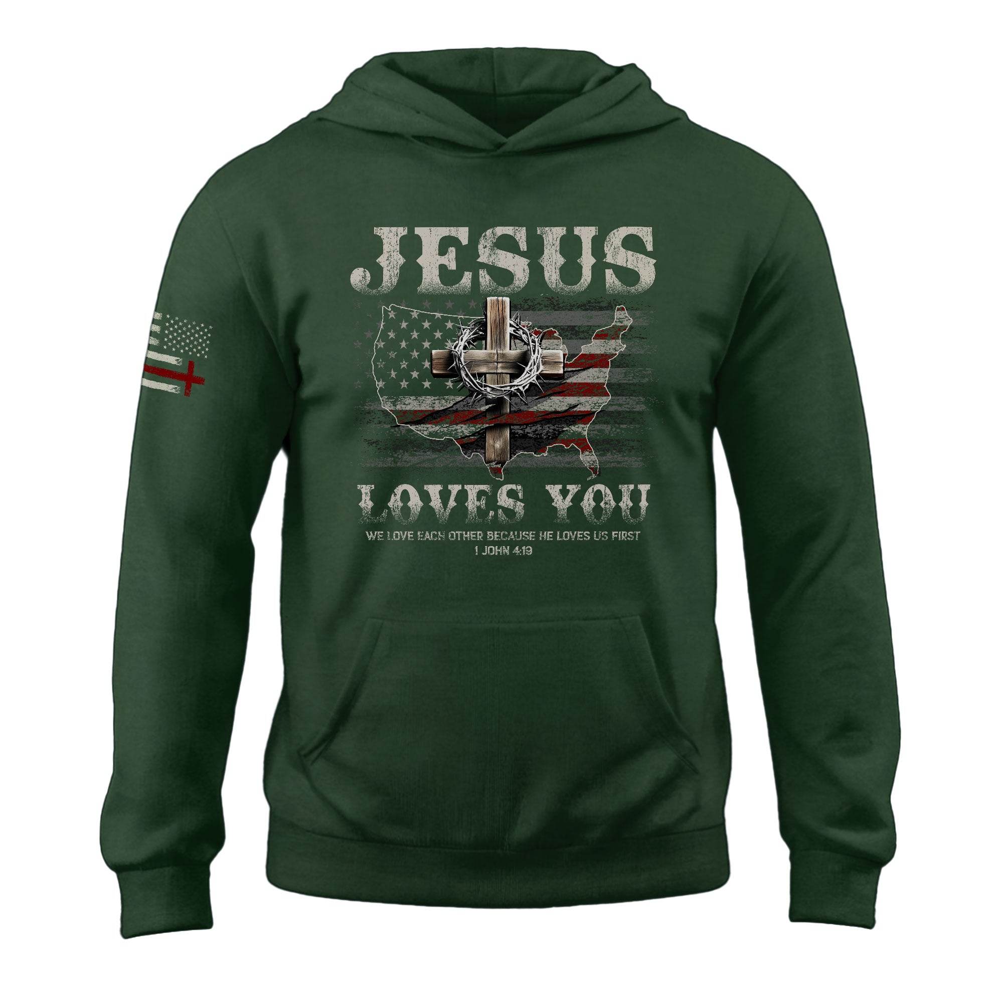 Jesus Loves You Hoodie – 1 John 4:19 Cross & USA Flag Design - Rust Field Wear