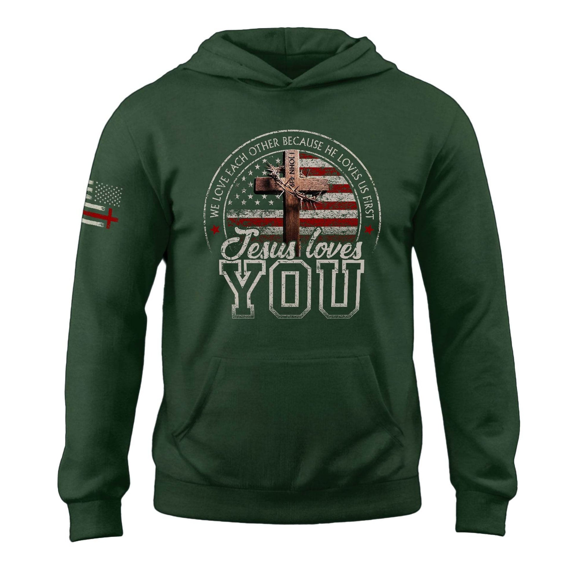 Jesus Loves You Hoodie – 1 John 4:19 Cross & Flag Graphic - Rust Field Wear