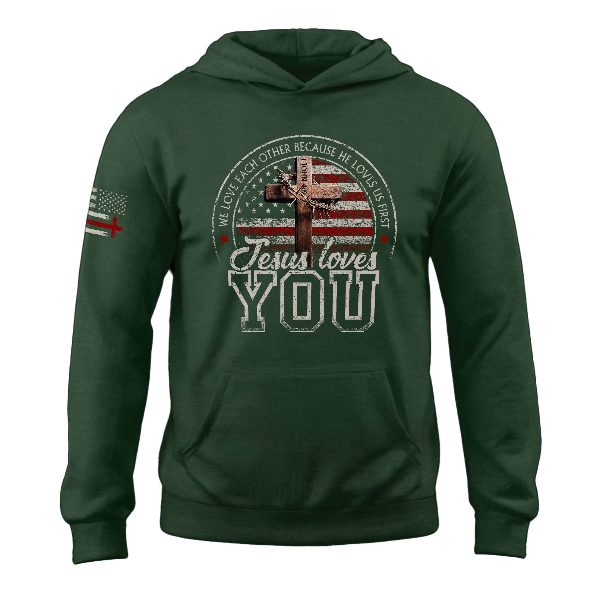 Jesus Loves You Hoodie – 1 John 4:19 Cross & Flag Graphic - Rust Field Wear